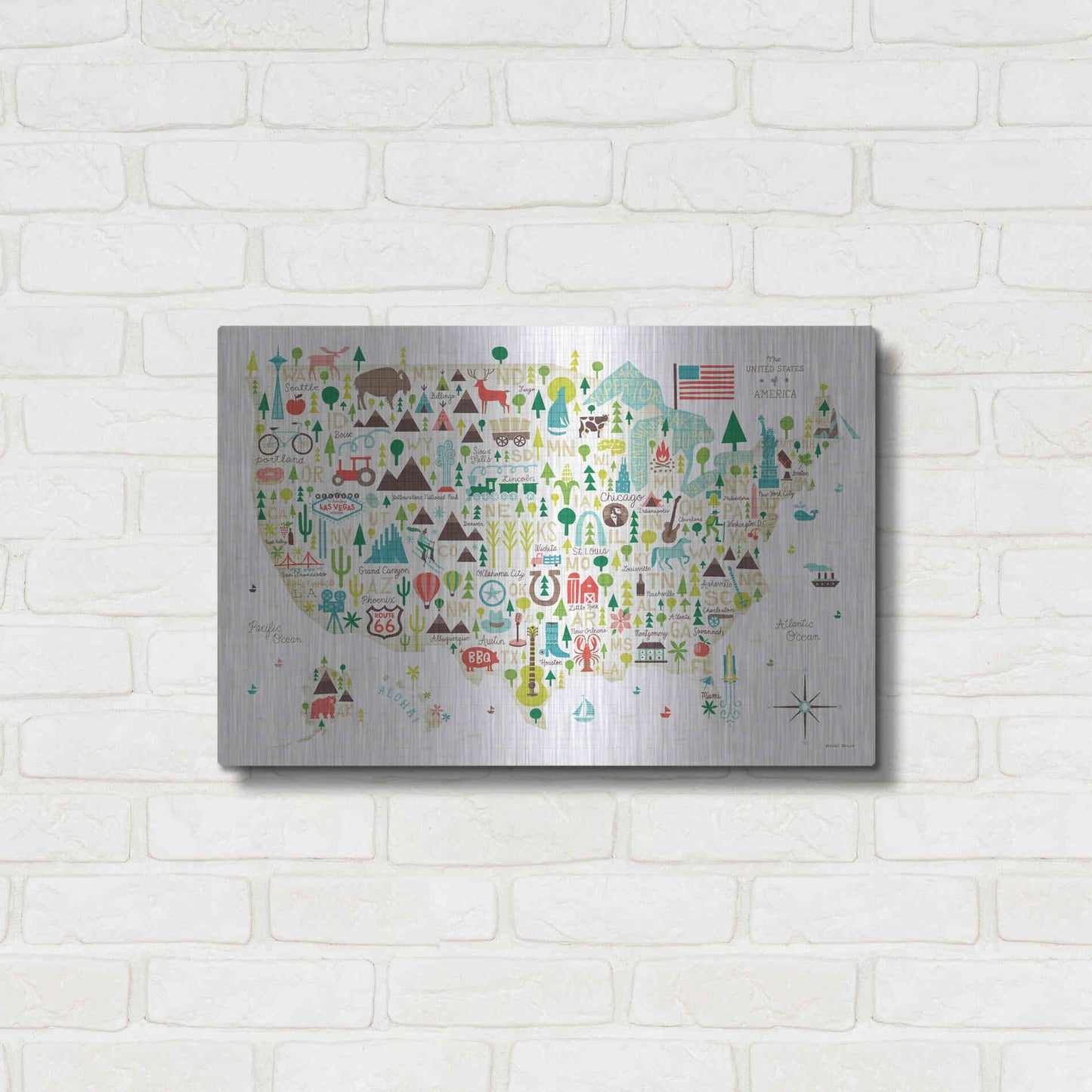 Luxe Metal Art 'Illustrated USA' by Michael Mullan, Metal Wall Art,24x16