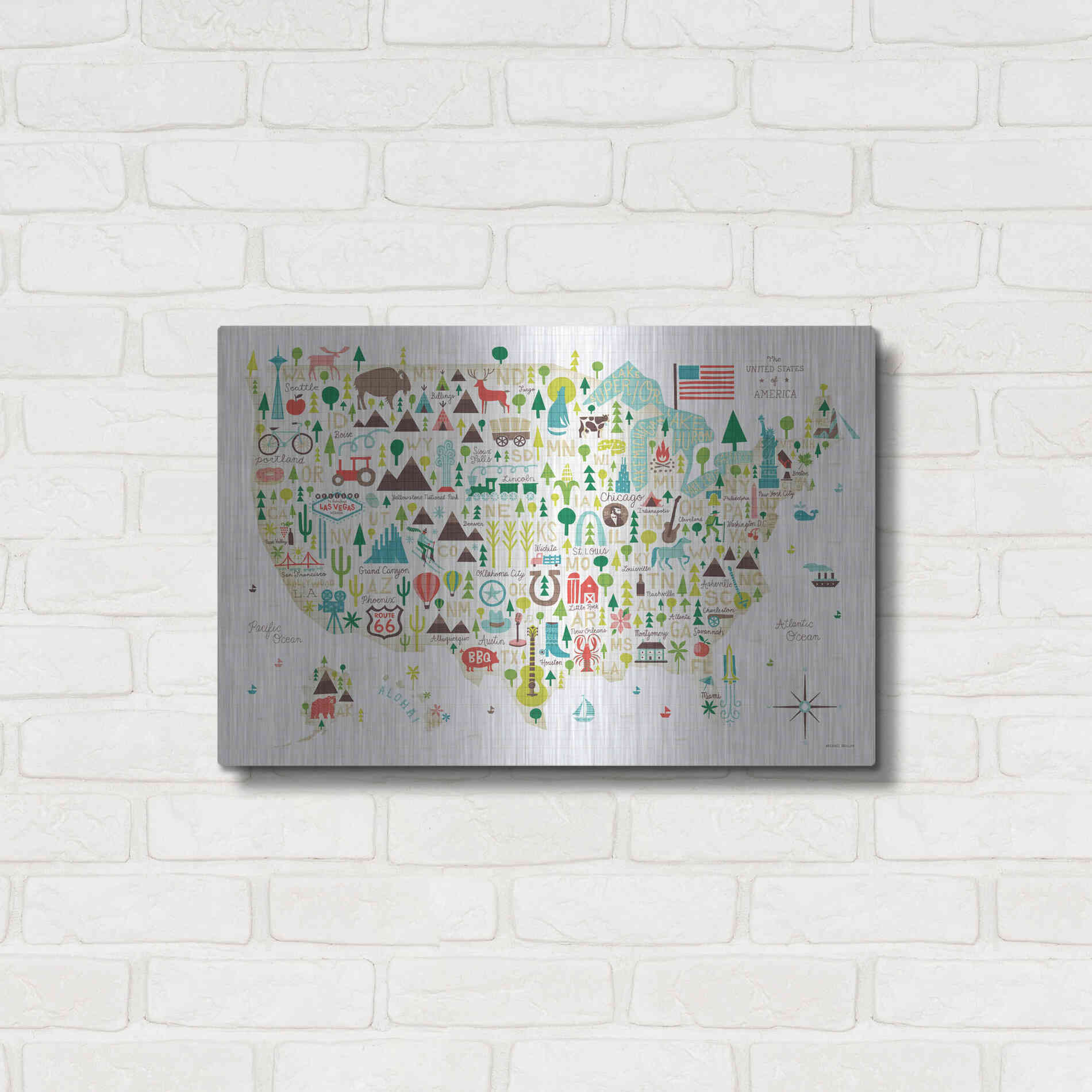 Luxe Metal Art 'Illustrated USA' by Michael Mullan, Metal Wall Art,24x16