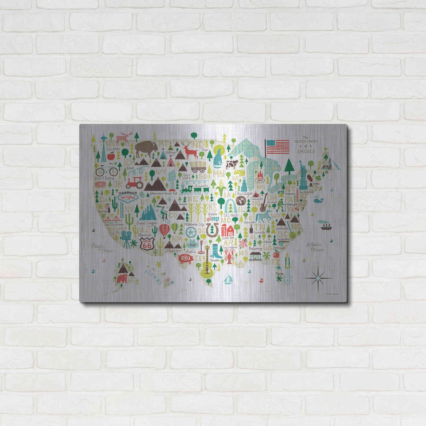 Luxe Metal Art 'Illustrated USA' by Michael Mullan, Metal Wall Art,36x24