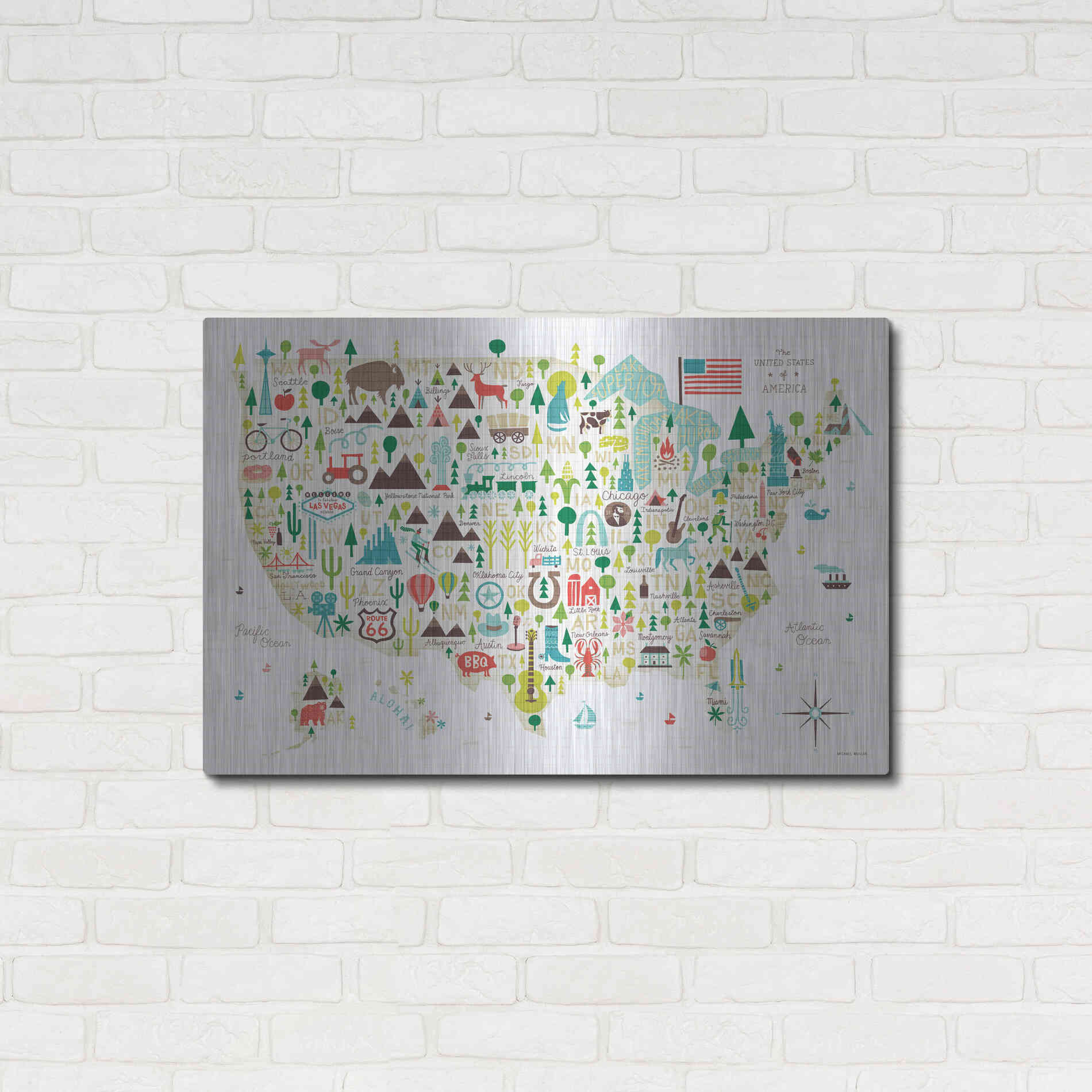 Luxe Metal Art 'Illustrated USA' by Michael Mullan, Metal Wall Art,36x24