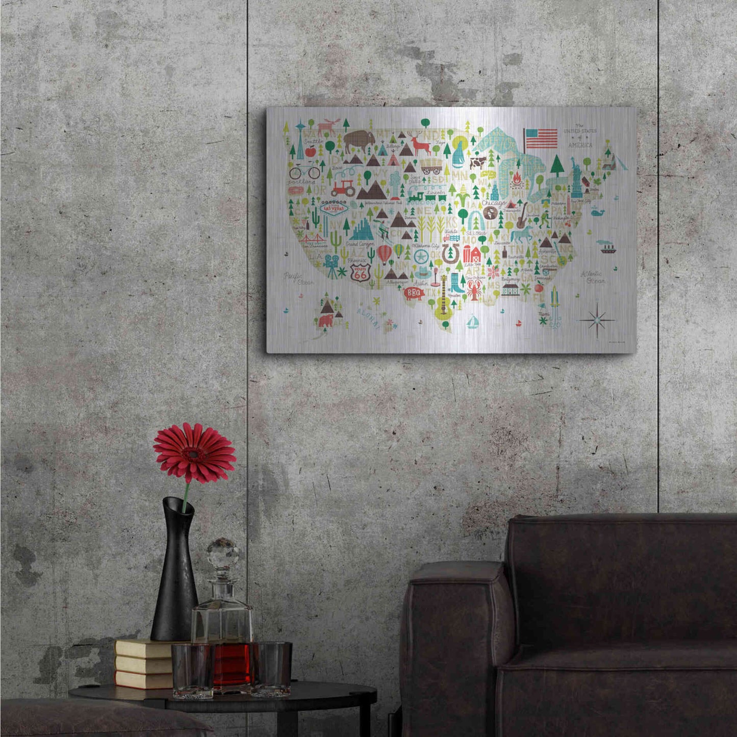 Luxe Metal Art 'Illustrated USA' by Michael Mullan, Metal Wall Art,36x24