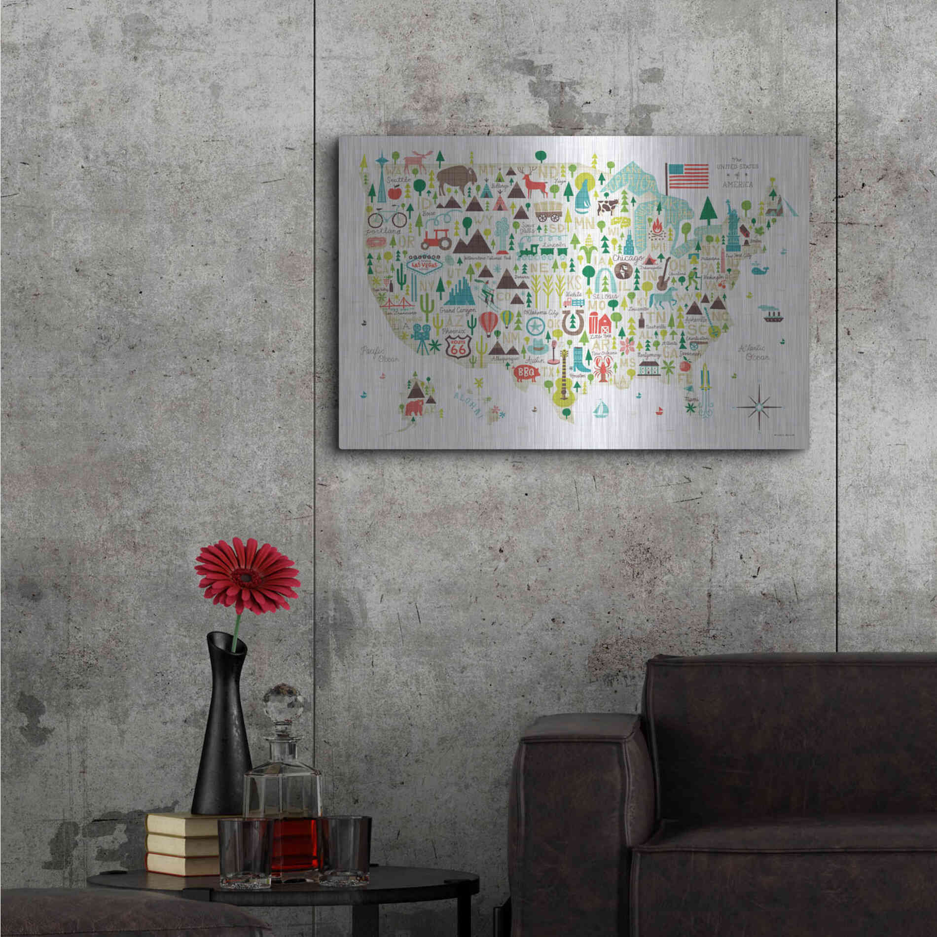 Luxe Metal Art 'Illustrated USA' by Michael Mullan, Metal Wall Art,36x24