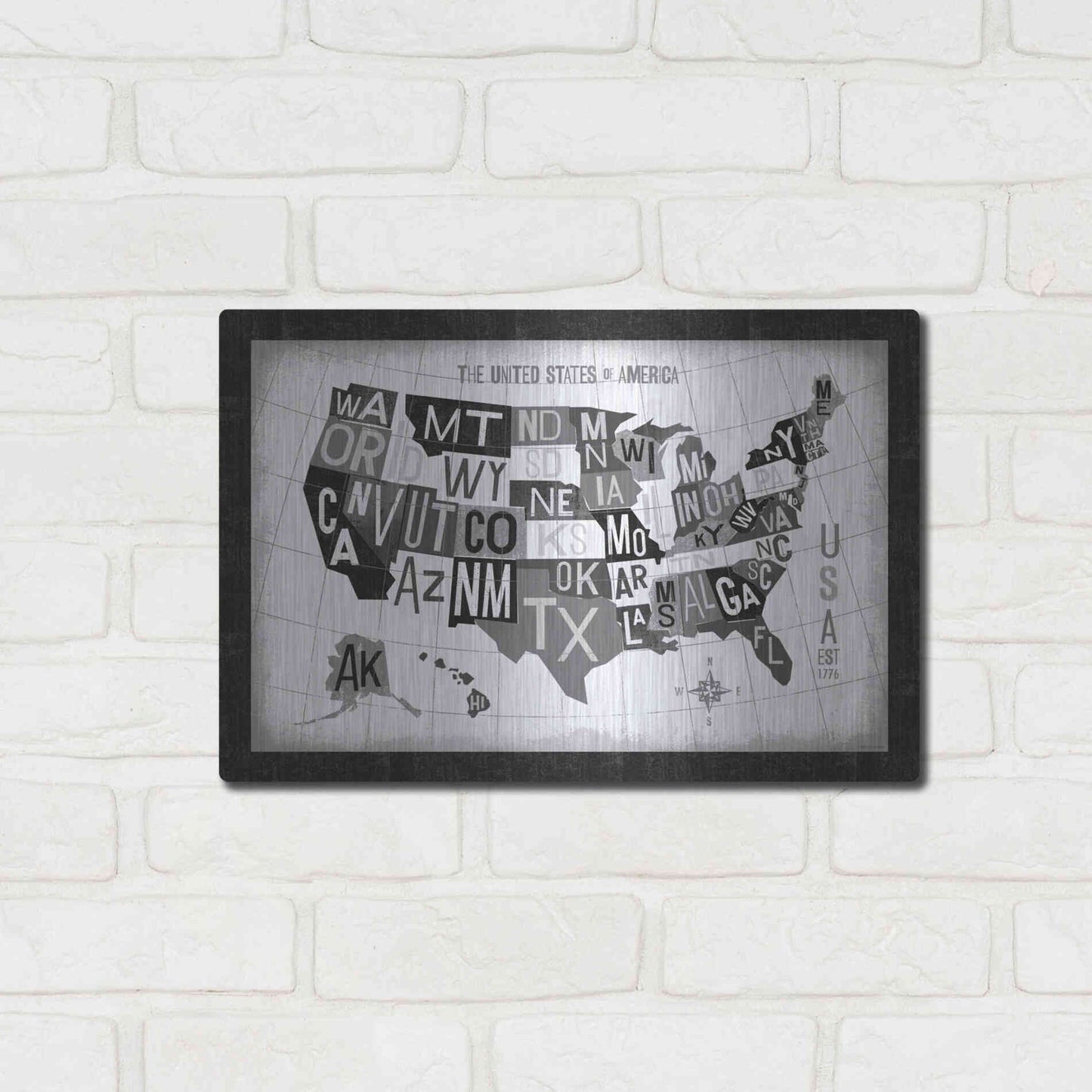 Luxe Metal Art 'Letterpress USA Map Dark' by Michael Mullan, Metal Wall Art,16x12