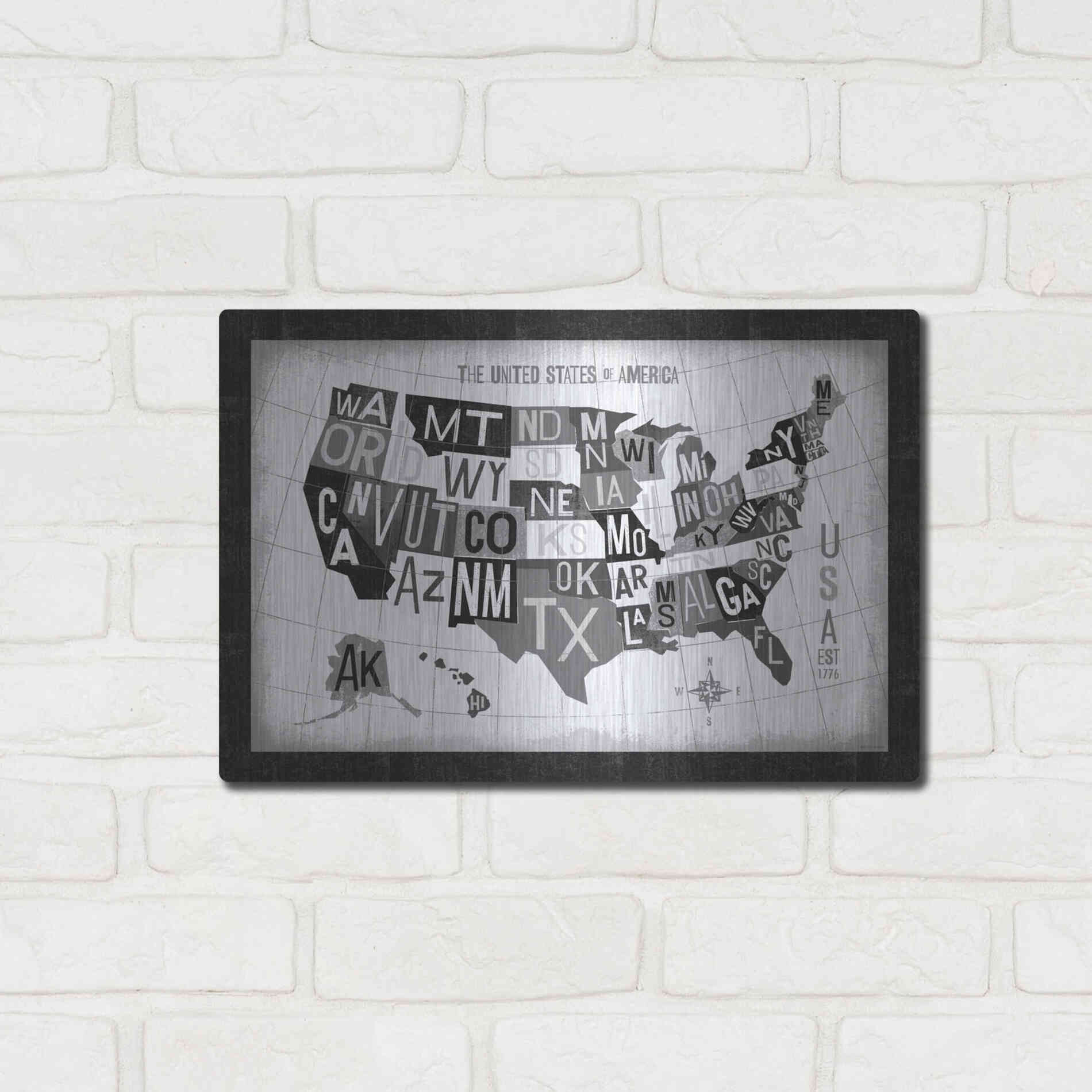 Luxe Metal Art 'Letterpress USA Map Dark' by Michael Mullan, Metal Wall Art,16x12