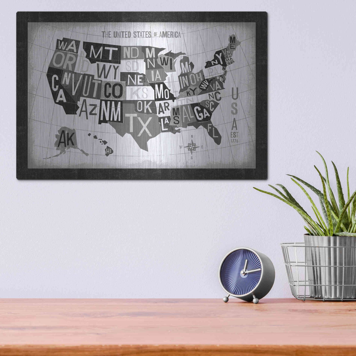 Luxe Metal Art 'Letterpress USA Map Dark' by Michael Mullan, Metal Wall Art,16x12