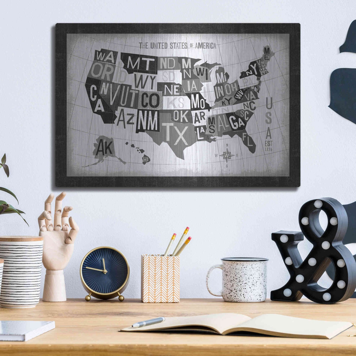 Luxe Metal Art 'Letterpress USA Map Dark' by Michael Mullan, Metal Wall Art,16x12