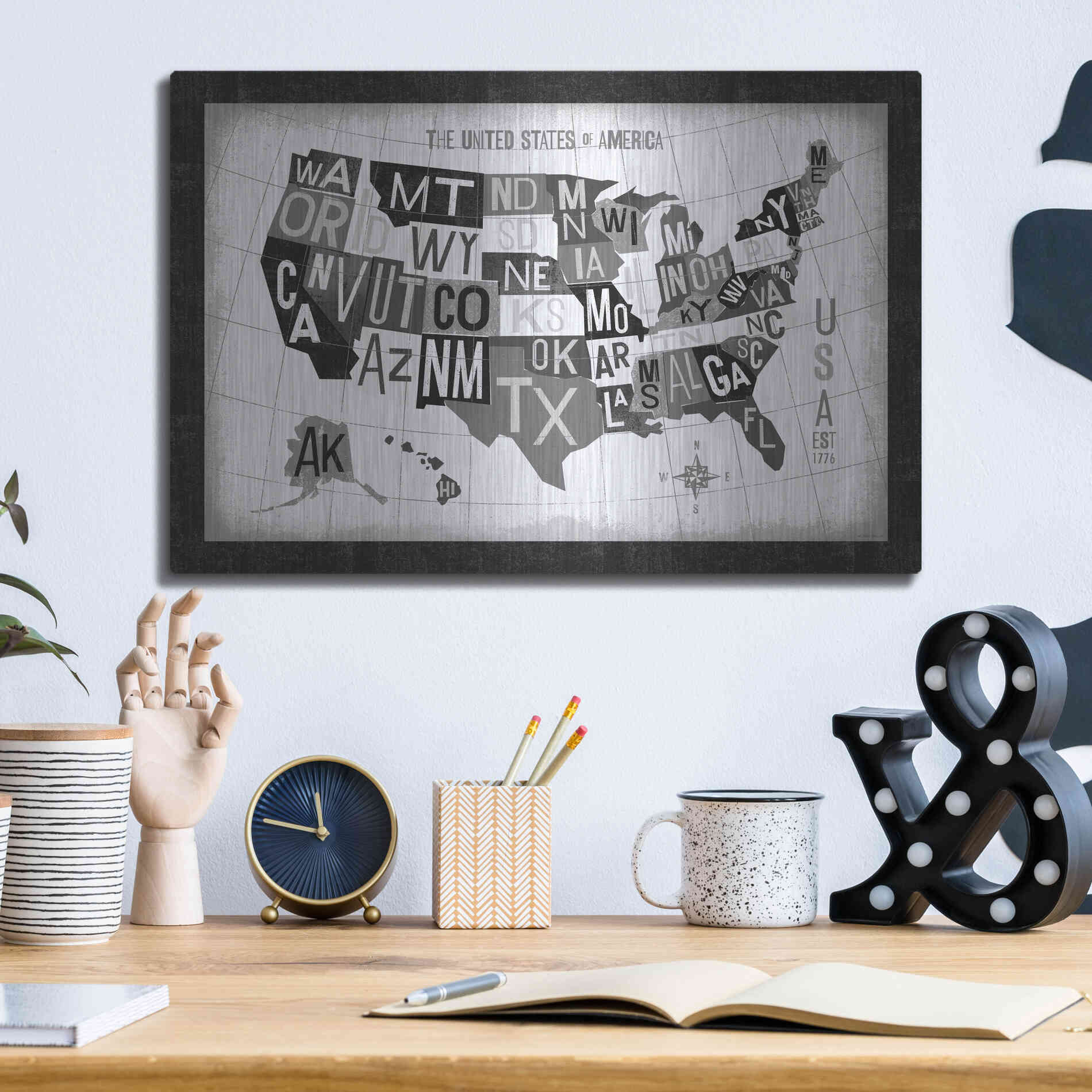 Luxe Metal Art 'Letterpress USA Map Dark' by Michael Mullan, Metal Wall Art,16x12