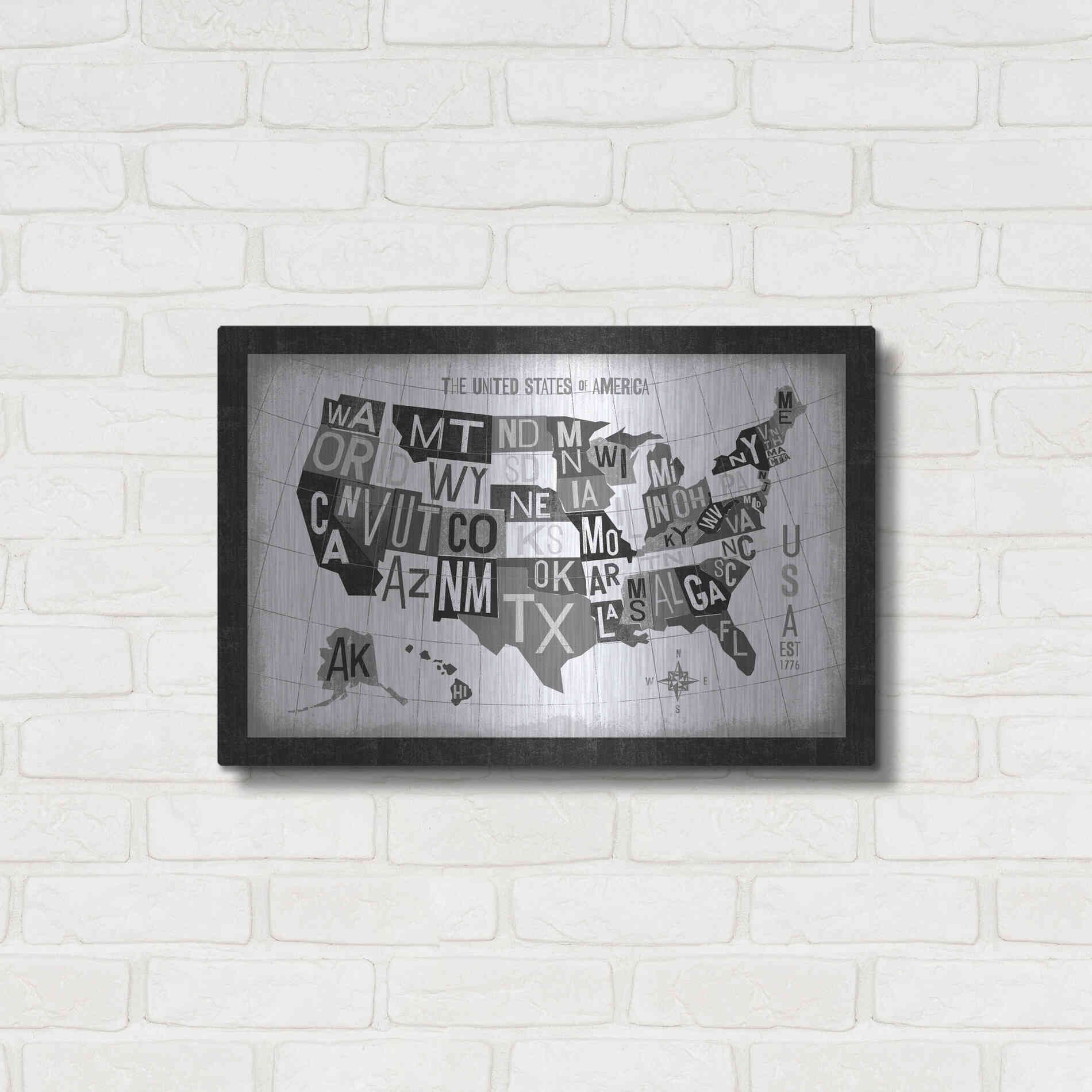 Luxe Metal Art 'Letterpress USA Map Dark' by Michael Mullan, Metal Wall Art,24x16