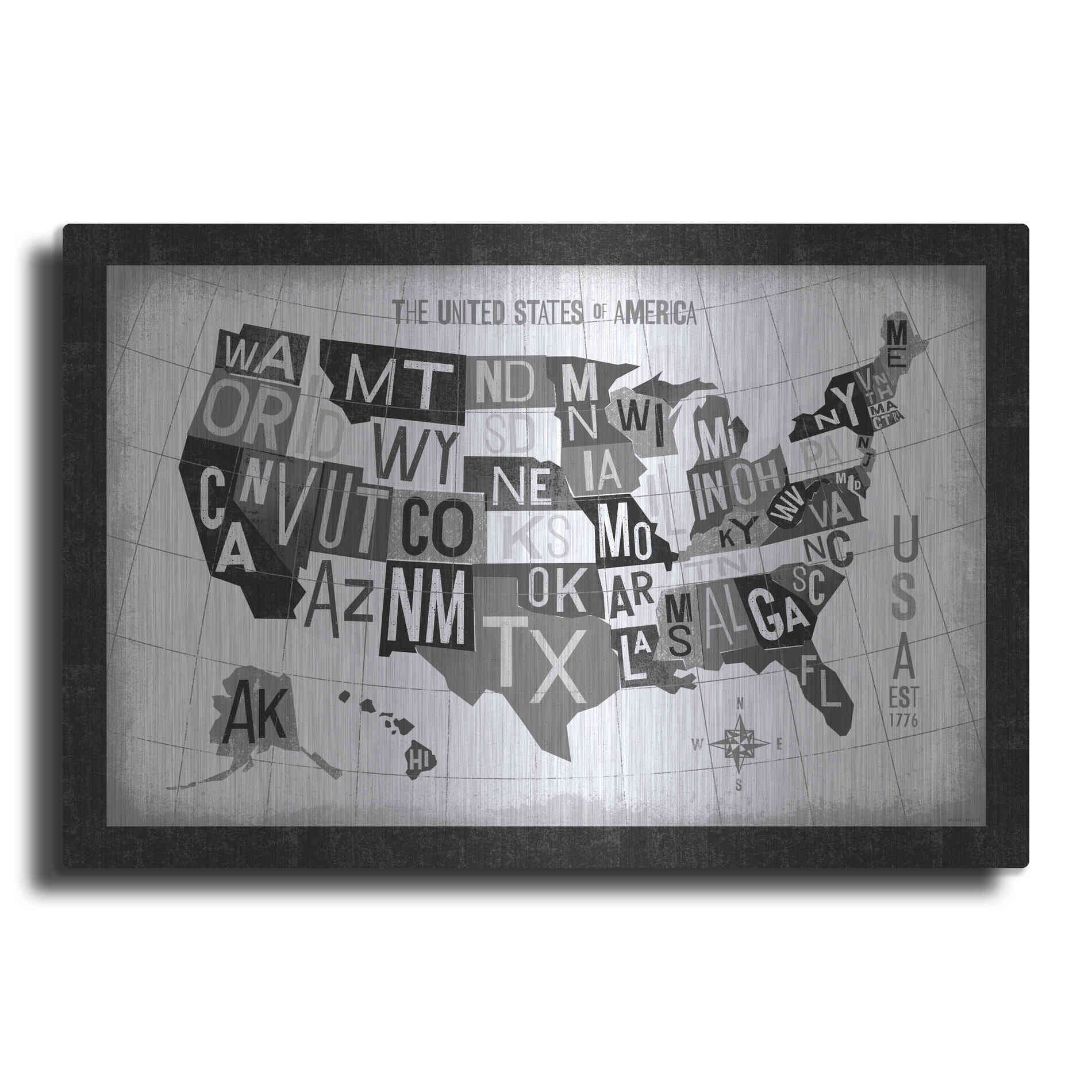 Luxe Metal Art 'Letterpress USA Map Dark' by Michael Mullan, Metal Wall Art