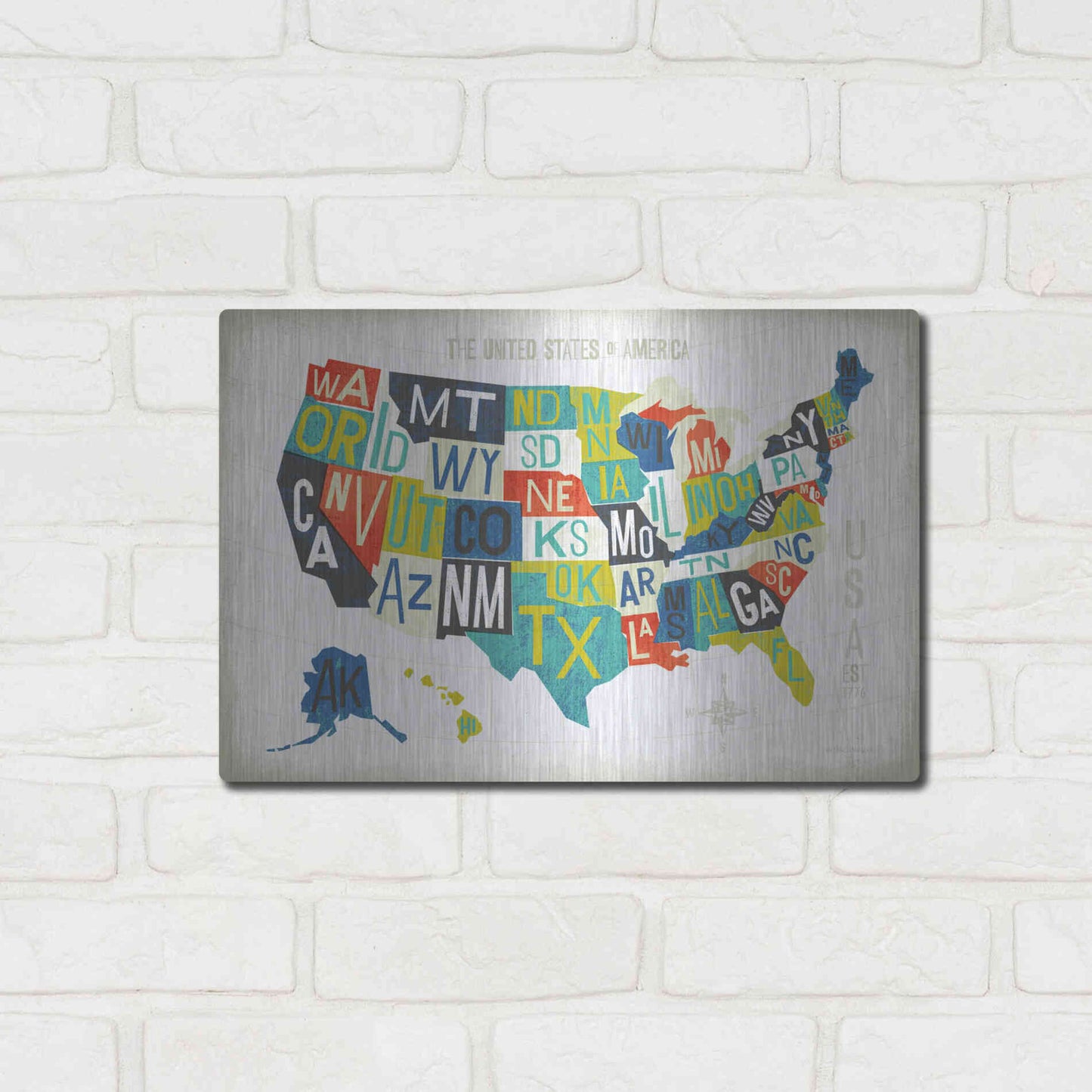 Luxe Metal Art 'Letterpress USA Map' by Michael Mullan, Metal Wall Art,16x12