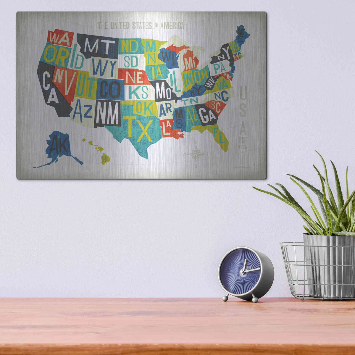 Luxe Metal Art 'Letterpress USA Map' by Michael Mullan, Metal Wall Art,16x12