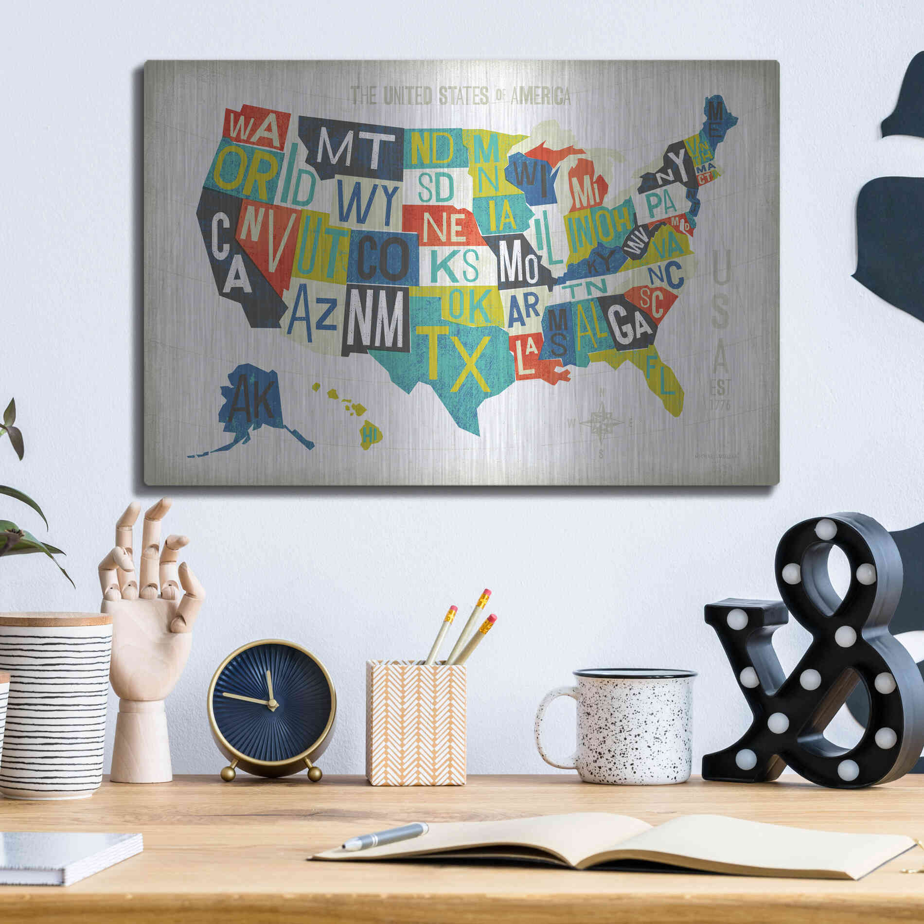Luxe Metal Art 'Letterpress USA Map' by Michael Mullan, Metal Wall Art,16x12