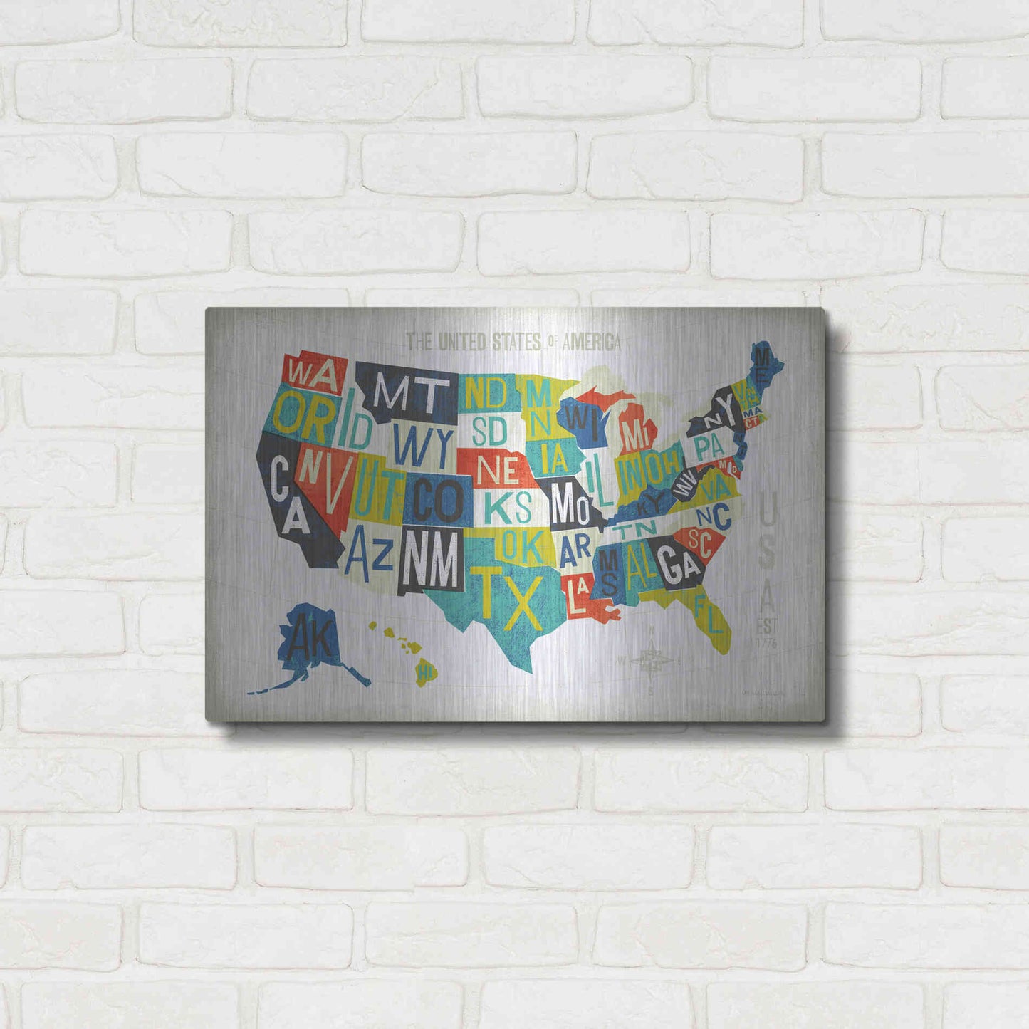 Luxe Metal Art 'Letterpress USA Map' by Michael Mullan, Metal Wall Art,24x16