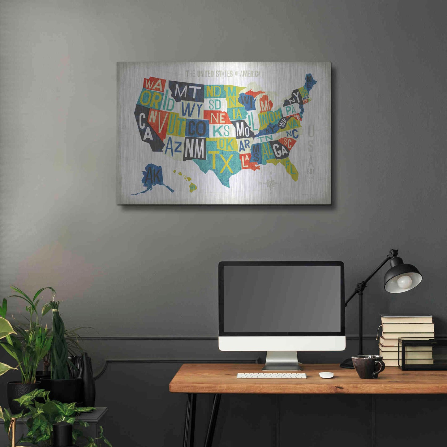 Luxe Metal Art 'Letterpress USA Map' by Michael Mullan, Metal Wall Art,36x24