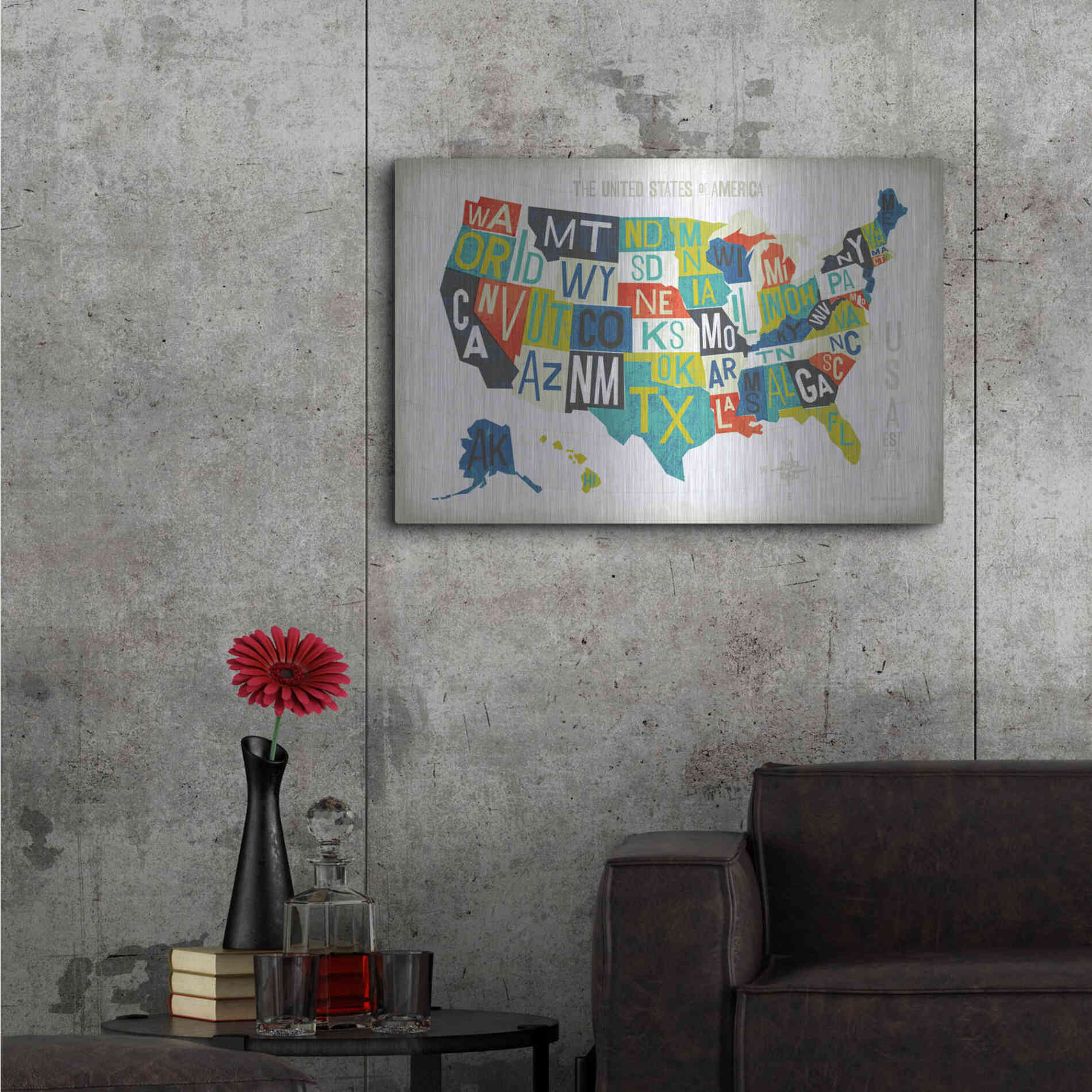 Luxe Metal Art 'Letterpress USA Map' by Michael Mullan, Metal Wall Art,36x24