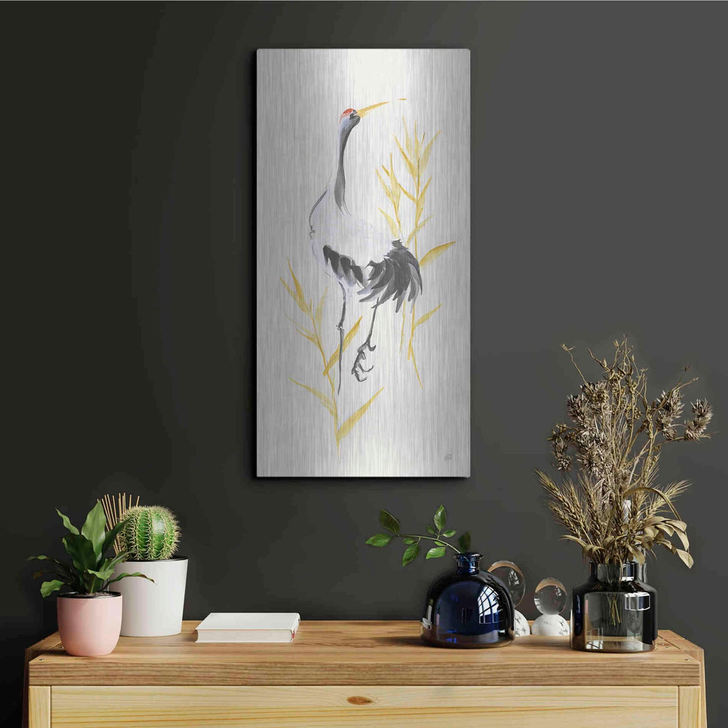 Luxe Metal Art 'Crane Reeds I' by Chris Paschke, Metal Wall Art,12x24