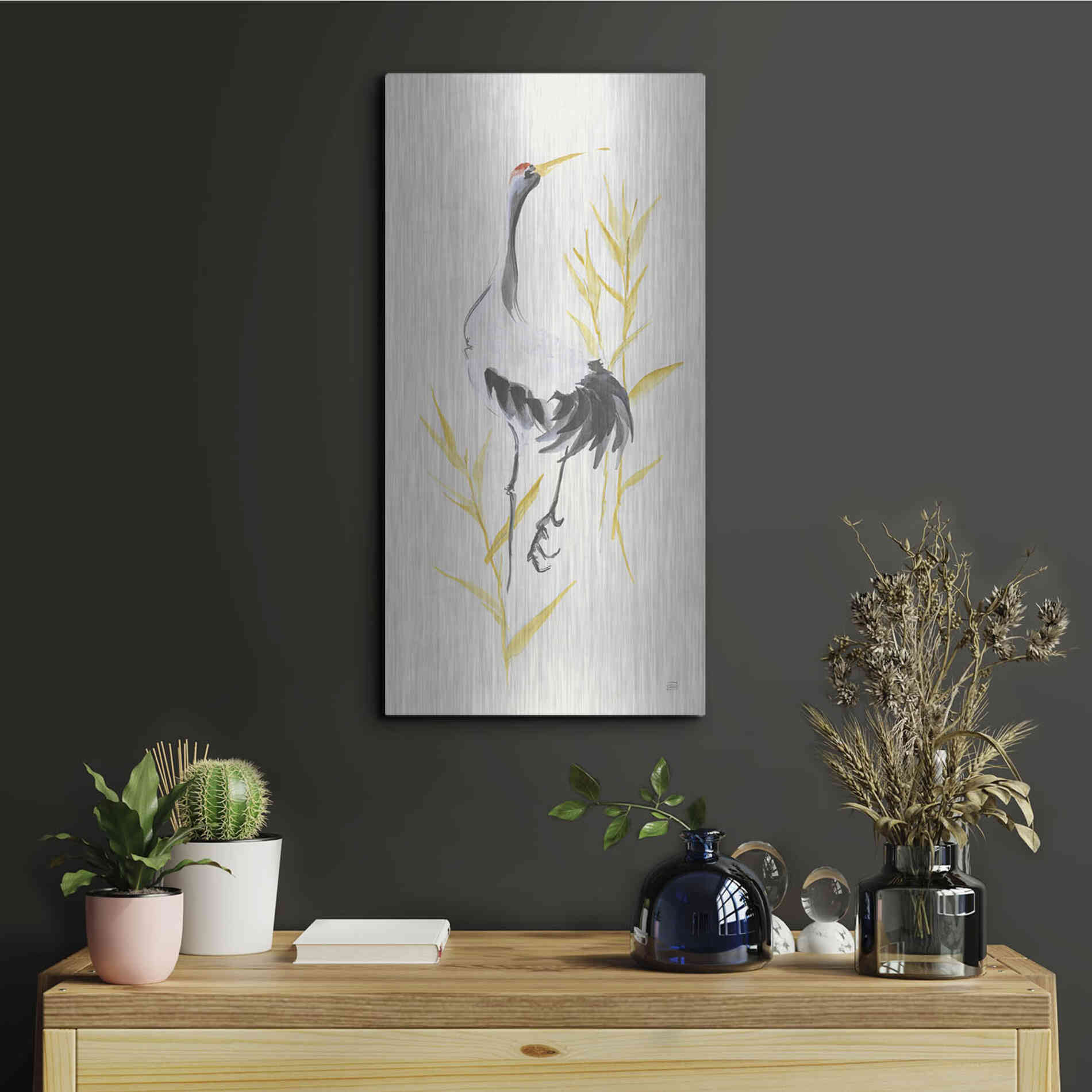 Luxe Metal Art 'Crane Reeds I' by Chris Paschke, Metal Wall Art,12x24