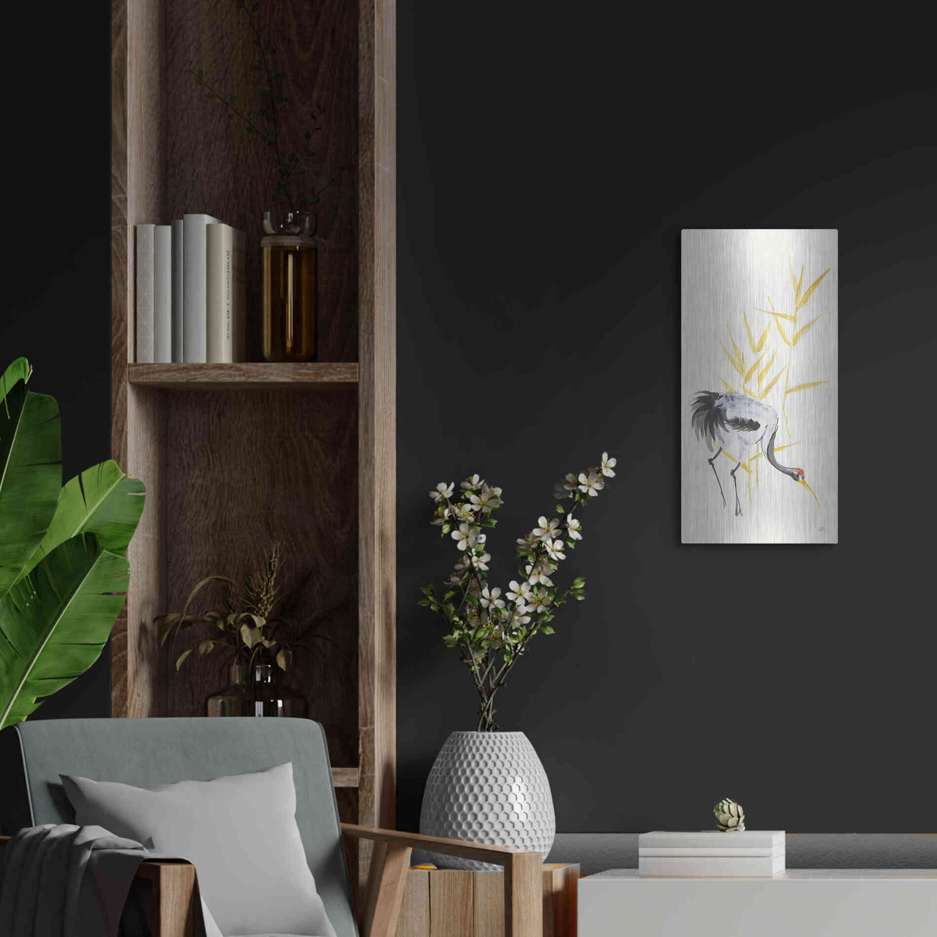 Luxe Metal Art 'Crane Reeds II' by Chris Paschke, Metal Wall Art,12x24