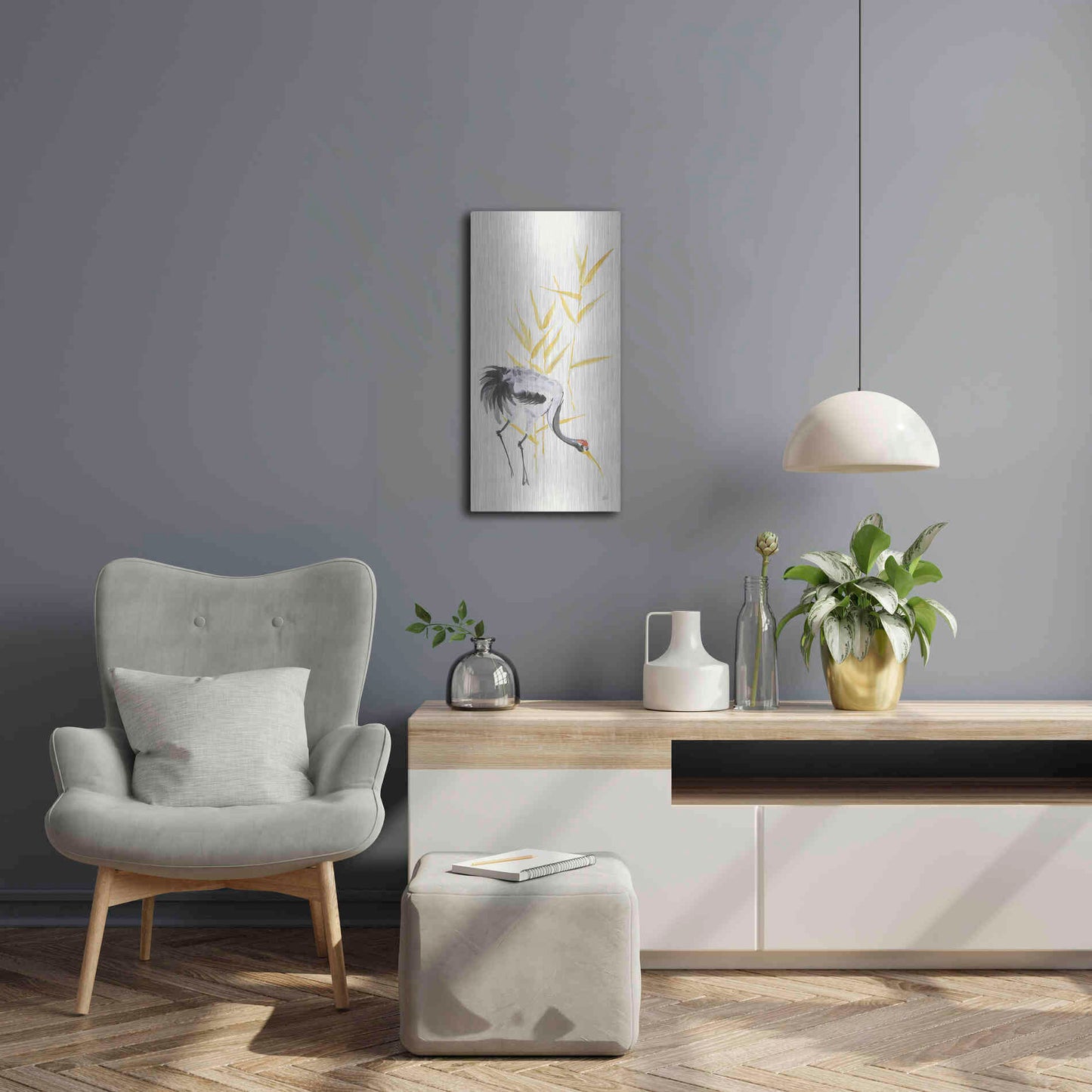 Luxe Metal Art 'Crane Reeds II' by Chris Paschke, Metal Wall Art,12x24