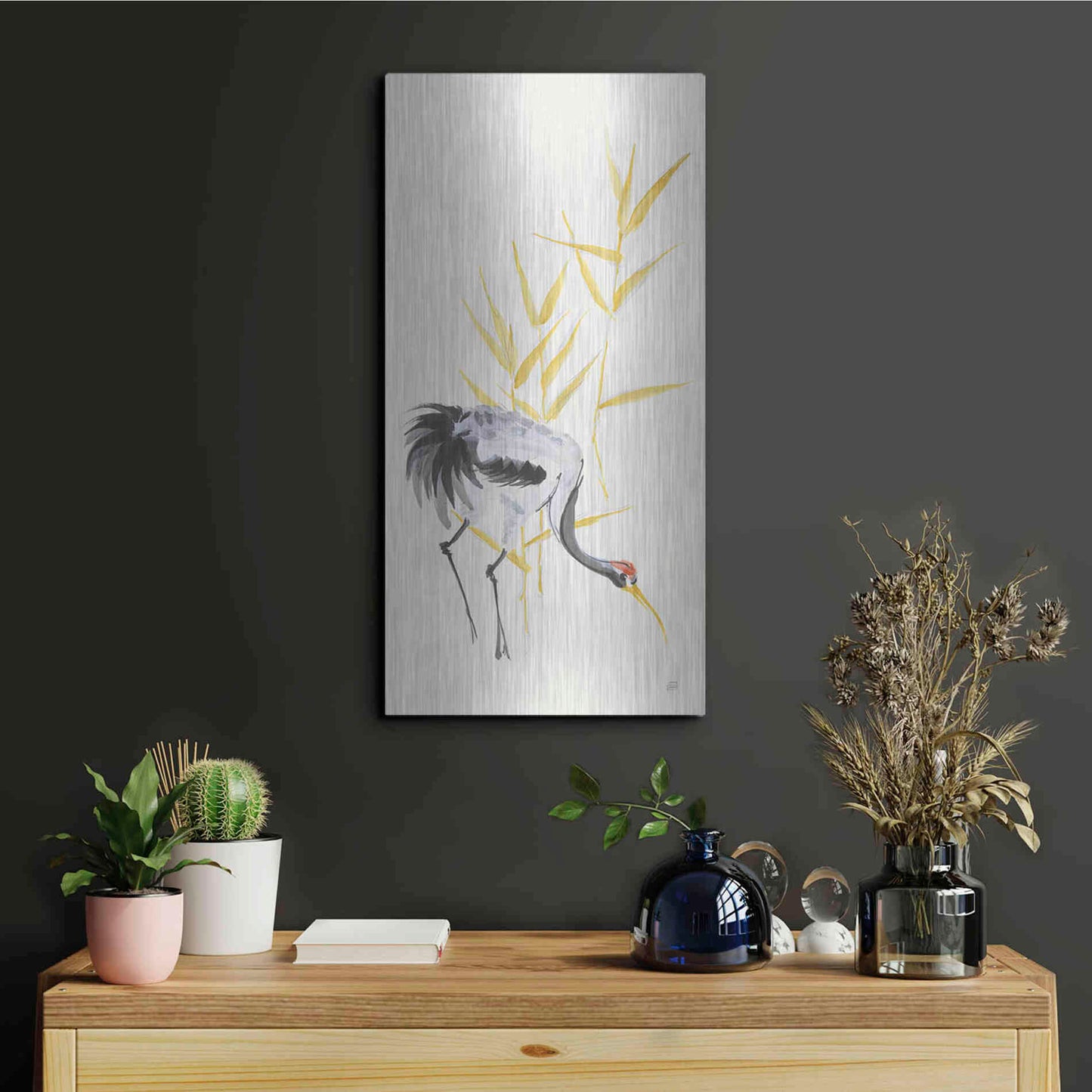 Luxe Metal Art 'Crane Reeds II' by Chris Paschke, Metal Wall Art,12x24