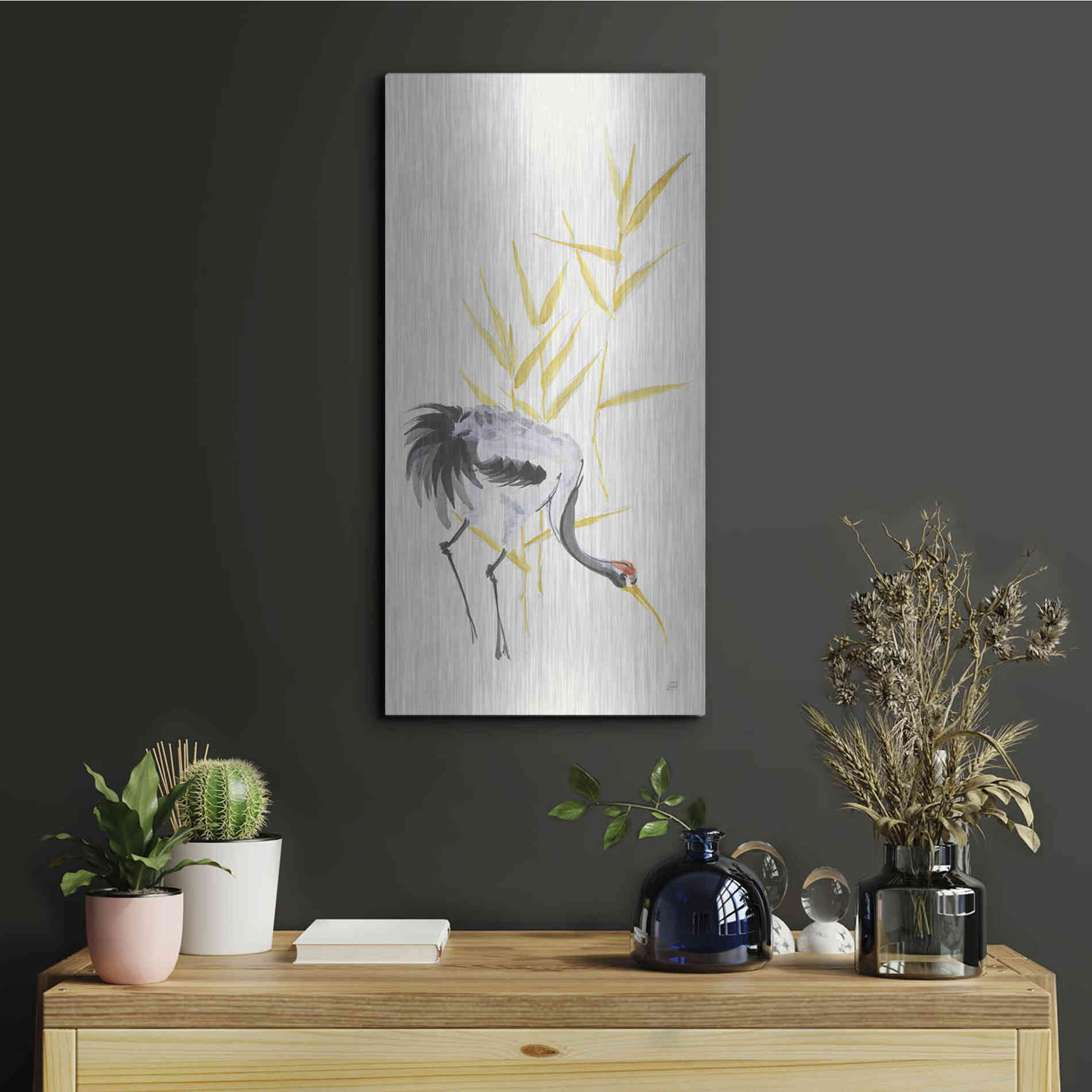Luxe Metal Art 'Crane Reeds II' by Chris Paschke, Metal Wall Art,12x24