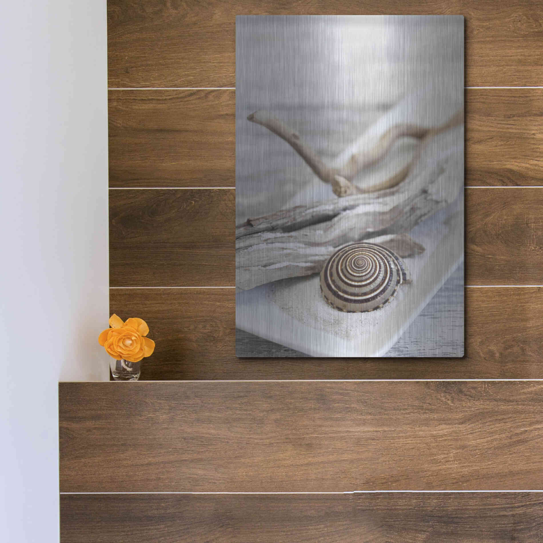 Luxe Metal Art 'Zen Style Driftwood Seashell Still' by Andrea Haase, Metal Wall At,12x16