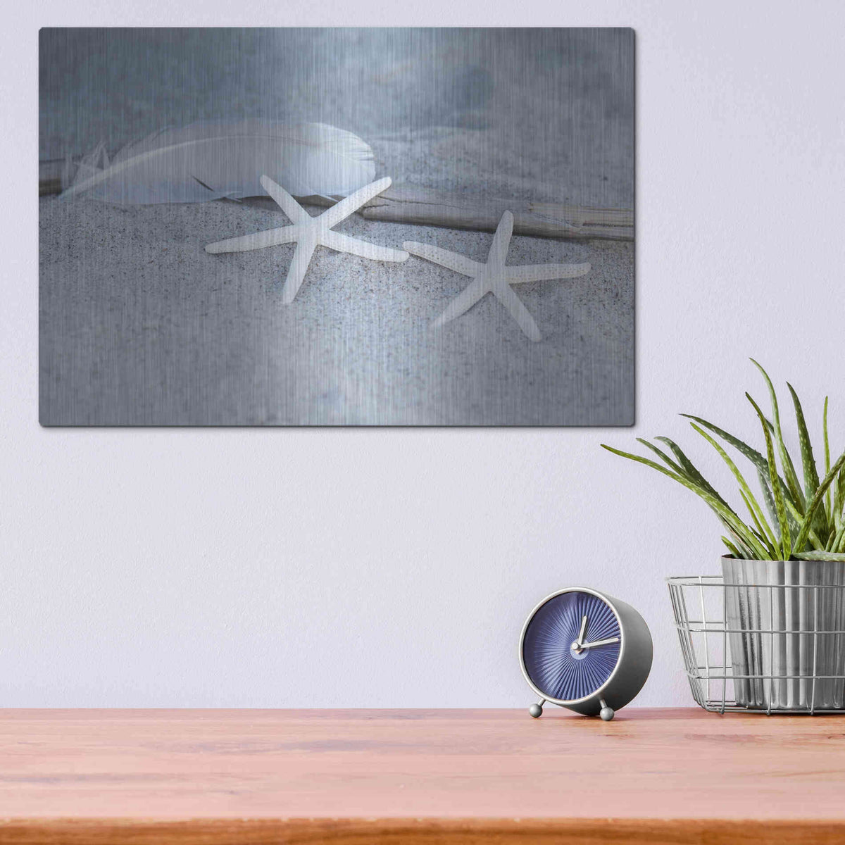 Luxe Metal Art 'Starfish Feather Beach Still' by Andrea Haase, Metal Wall At,16x12