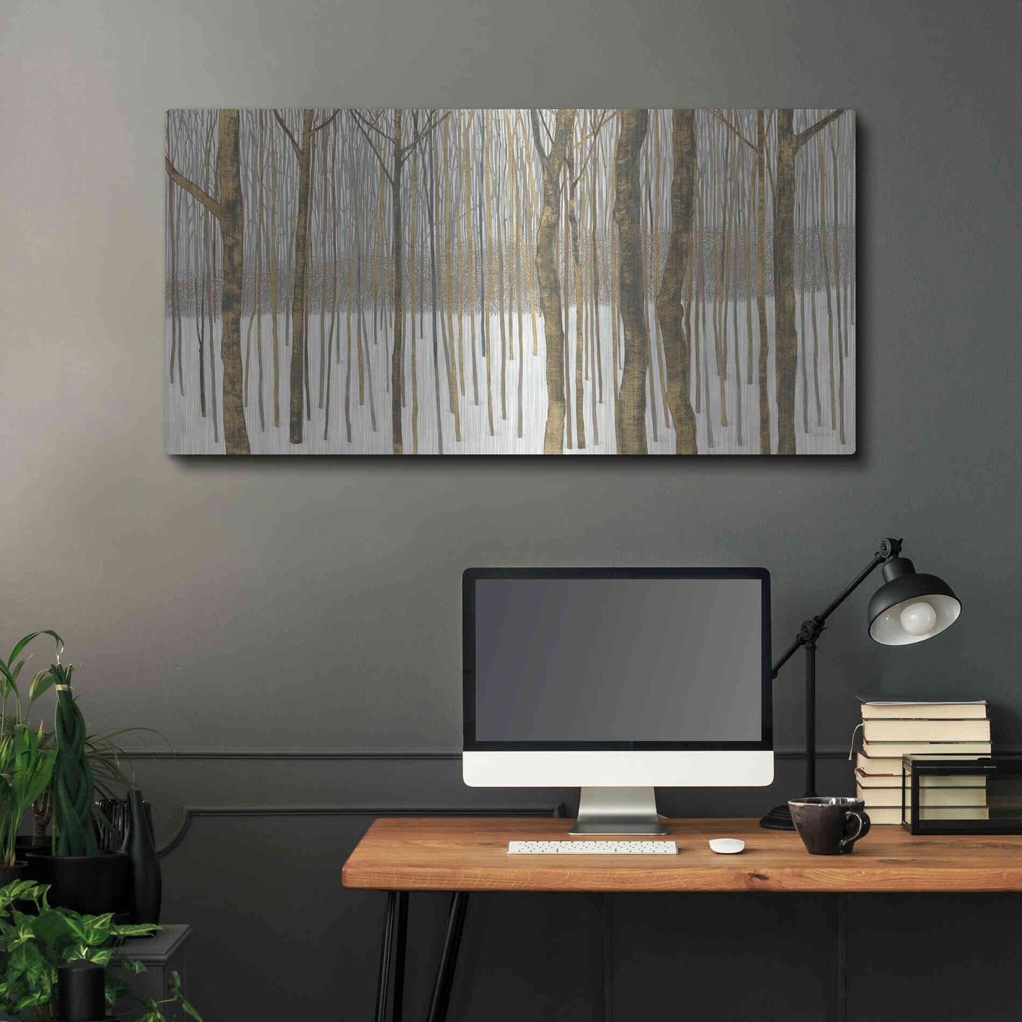 Luxe Metal Art 'Woods in Winter Gold' by Kathrine Lovell, Metal Wall Art,48x24