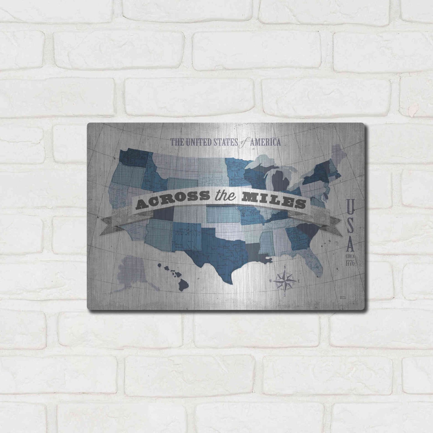 Luxe Metal Art 'USA Modern Vintage Blue Grey with Words' by Michael Mullan, Metal Wall Art,16x12