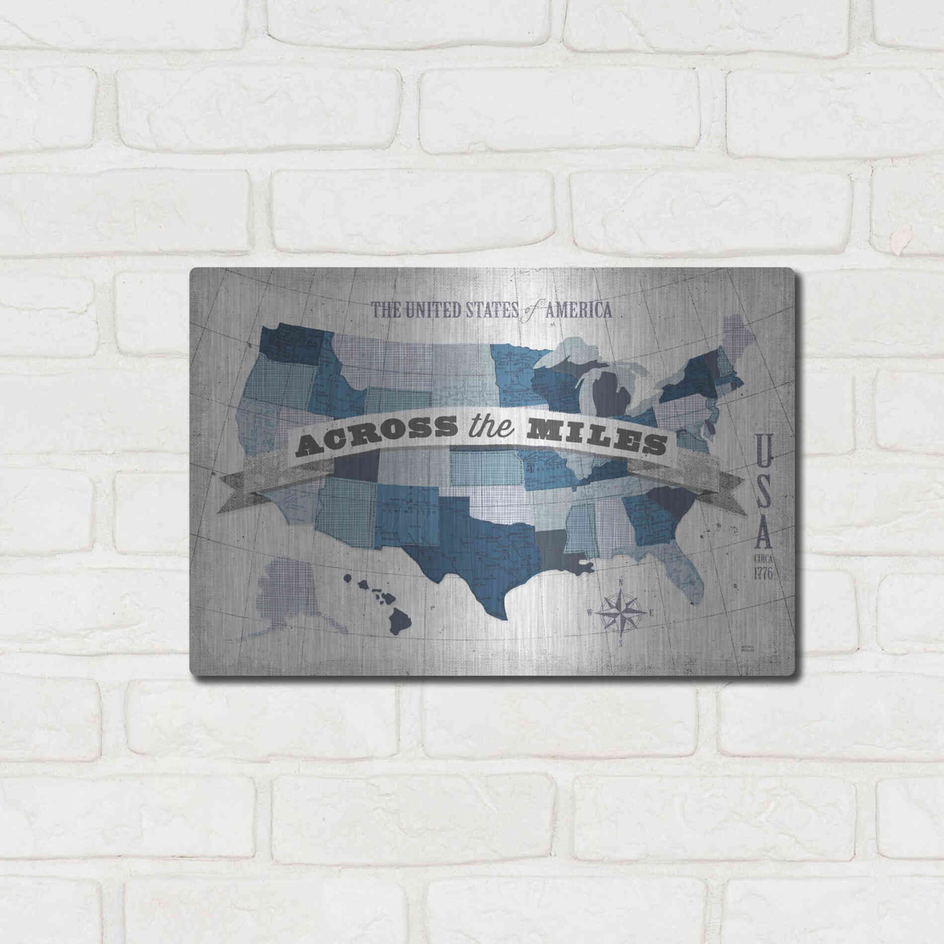Luxe Metal Art 'USA Modern Vintage Blue Grey with Words' by Michael Mullan, Metal Wall Art,16x12