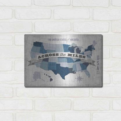 Luxe Metal Art 'USA Modern Vintage Blue Grey with Words' by Michael Mullan, Metal Wall Art,16x12