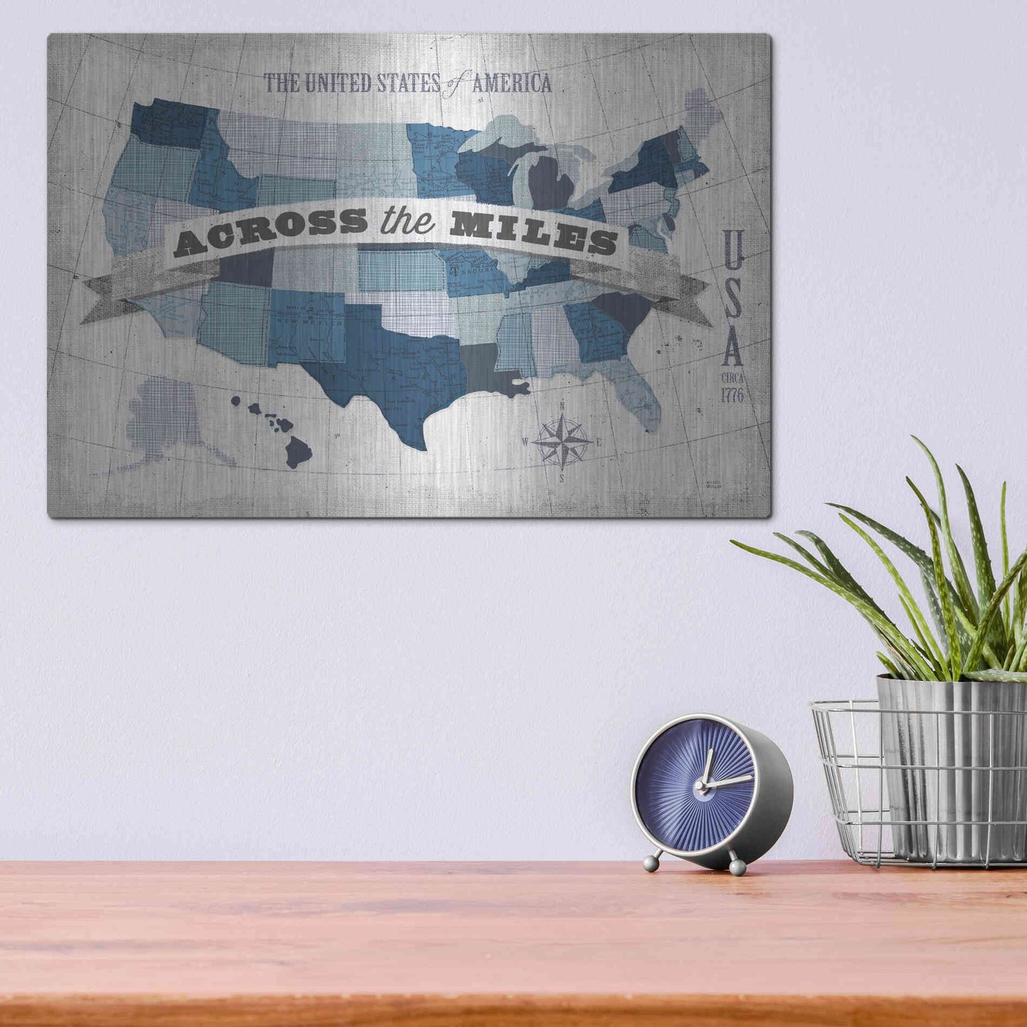 Luxe Metal Art 'USA Modern Vintage Blue Grey with Words' by Michael Mullan, Metal Wall Art,16x12