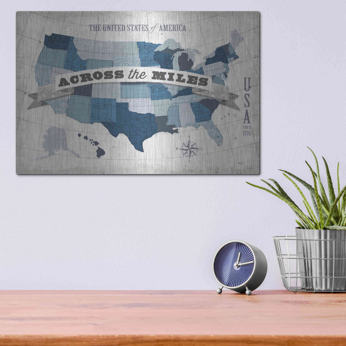 Luxe Metal Art 'USA Modern Vintage Blue Grey with Words' by Michael Mullan, Metal Wall Art,16x12