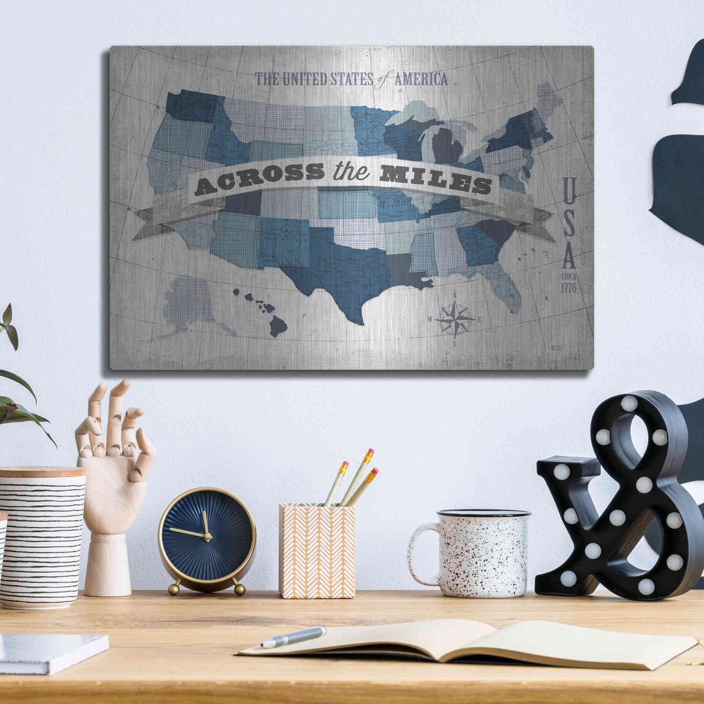 Luxe Metal Art 'USA Modern Vintage Blue Grey with Words' by Michael Mullan, Metal Wall Art,16x12