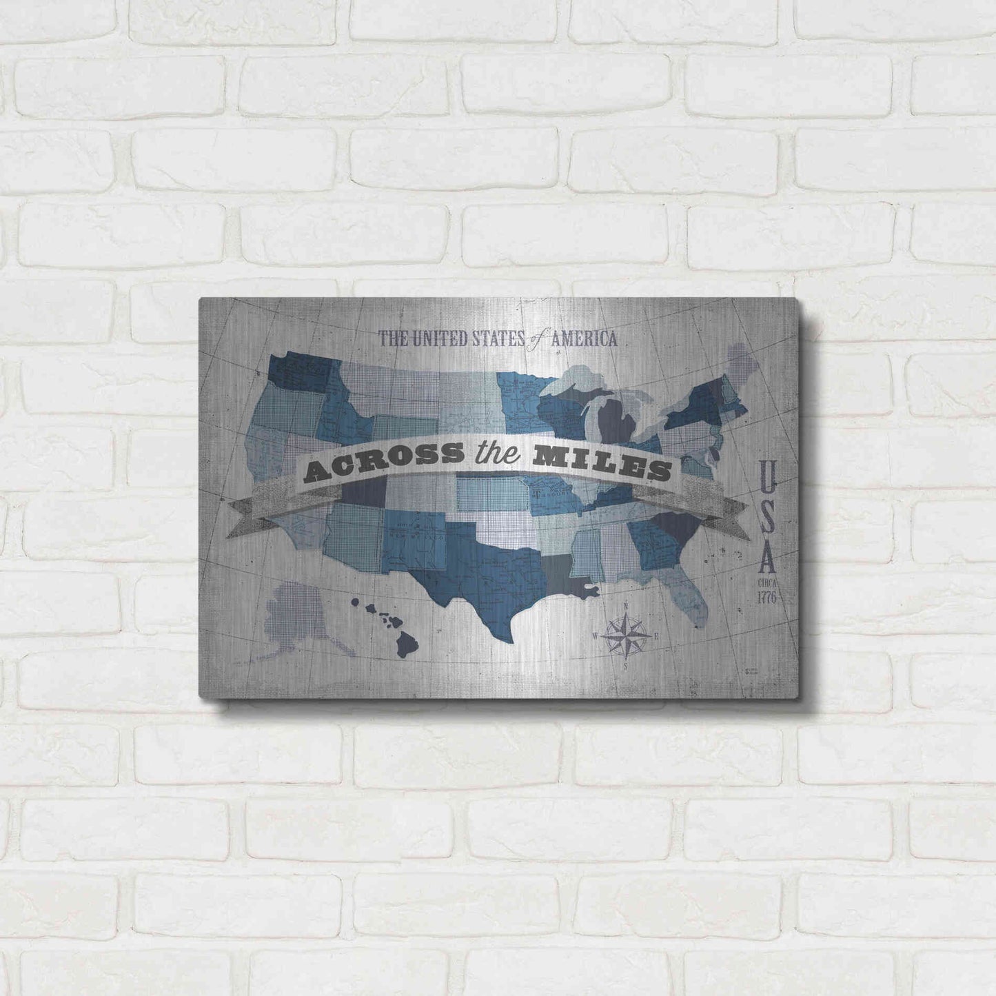 Luxe Metal Art 'USA Modern Vintage Blue Grey with Words' by Michael Mullan, Metal Wall Art,24x16