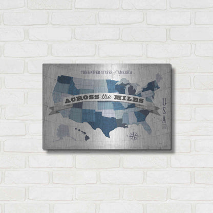 Luxe Metal Art 'USA Modern Vintage Blue Grey with Words' by Michael Mullan, Metal Wall Art,24x16