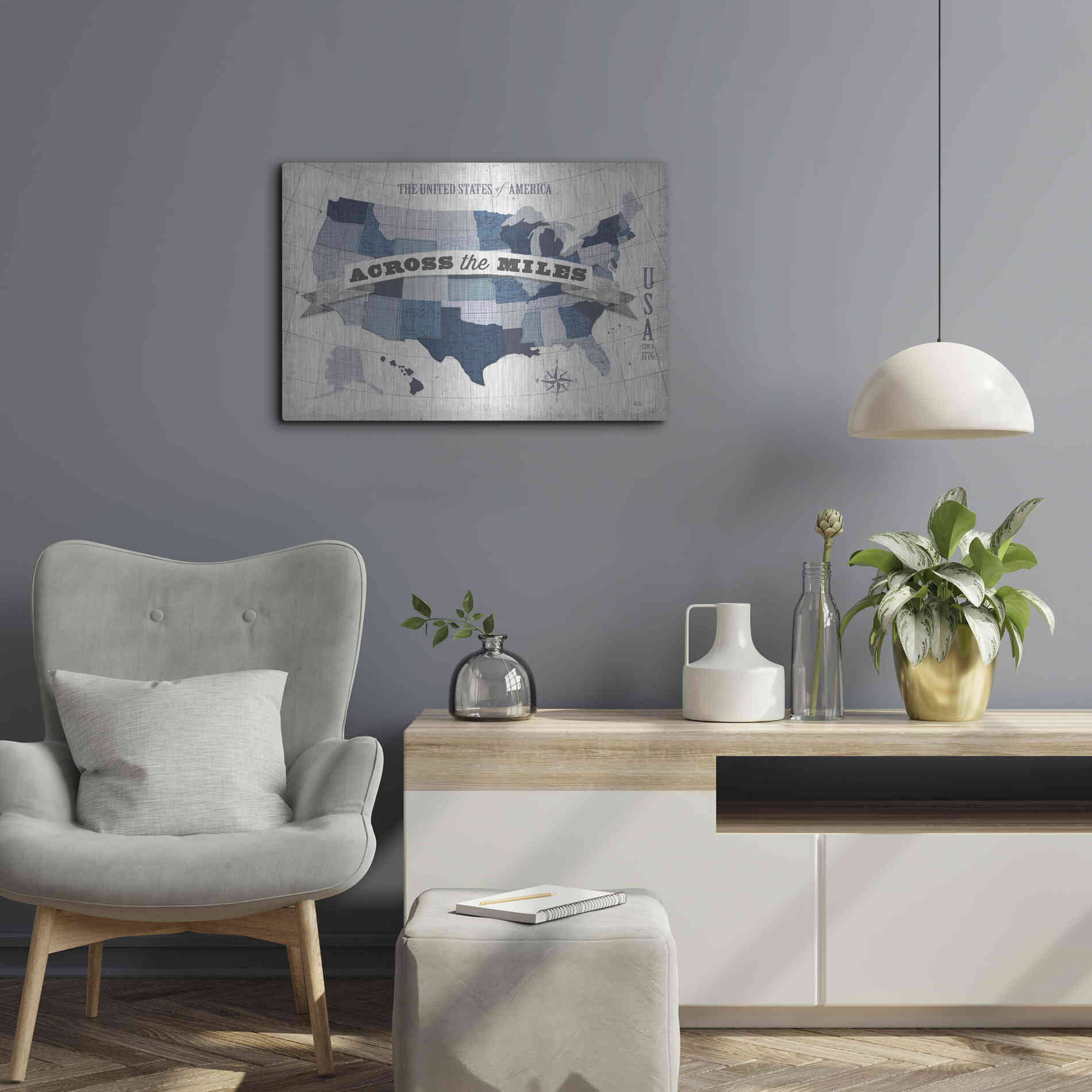 Luxe Metal Art 'USA Modern Vintage Blue Grey with Words' by Michael Mullan, Metal Wall Art,24x16