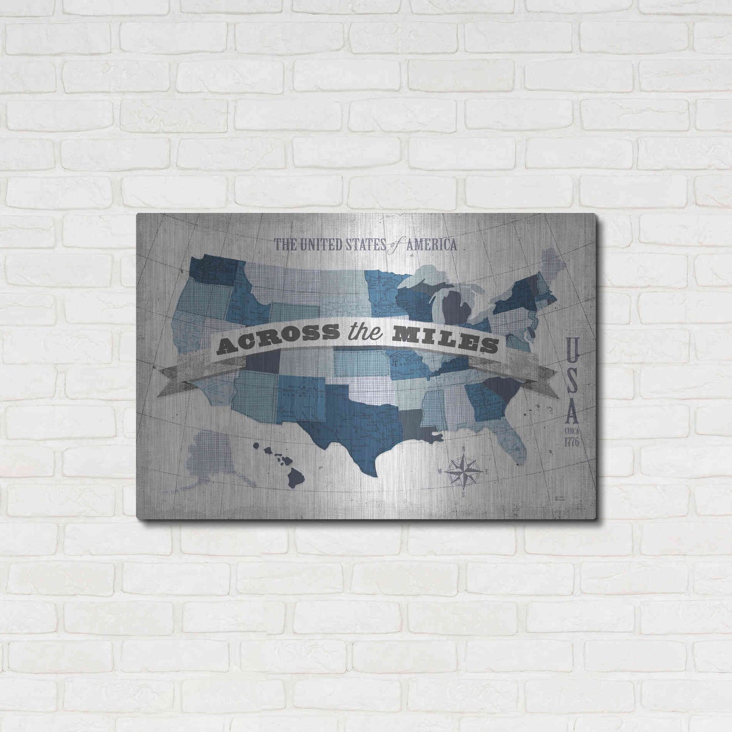 Luxe Metal Art 'USA Modern Vintage Blue Grey with Words' by Michael Mullan, Metal Wall Art,36x24