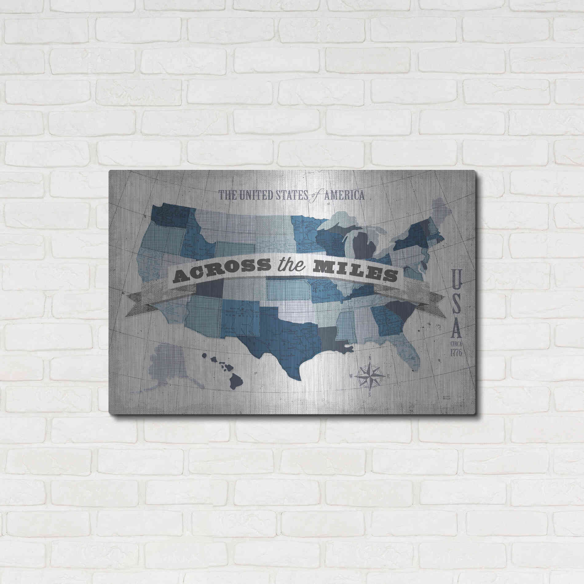 Luxe Metal Art 'USA Modern Vintage Blue Grey with Words' by Michael Mullan, Metal Wall Art,36x24