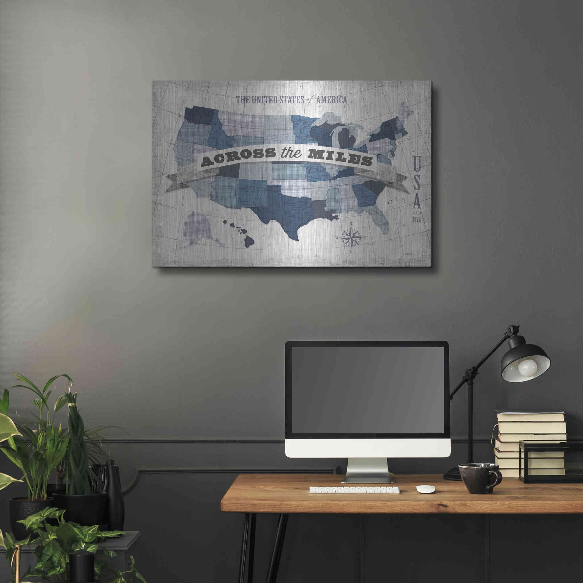 Luxe Metal Art 'USA Modern Vintage Blue Grey with Words' by Michael Mullan, Metal Wall Art,36x24