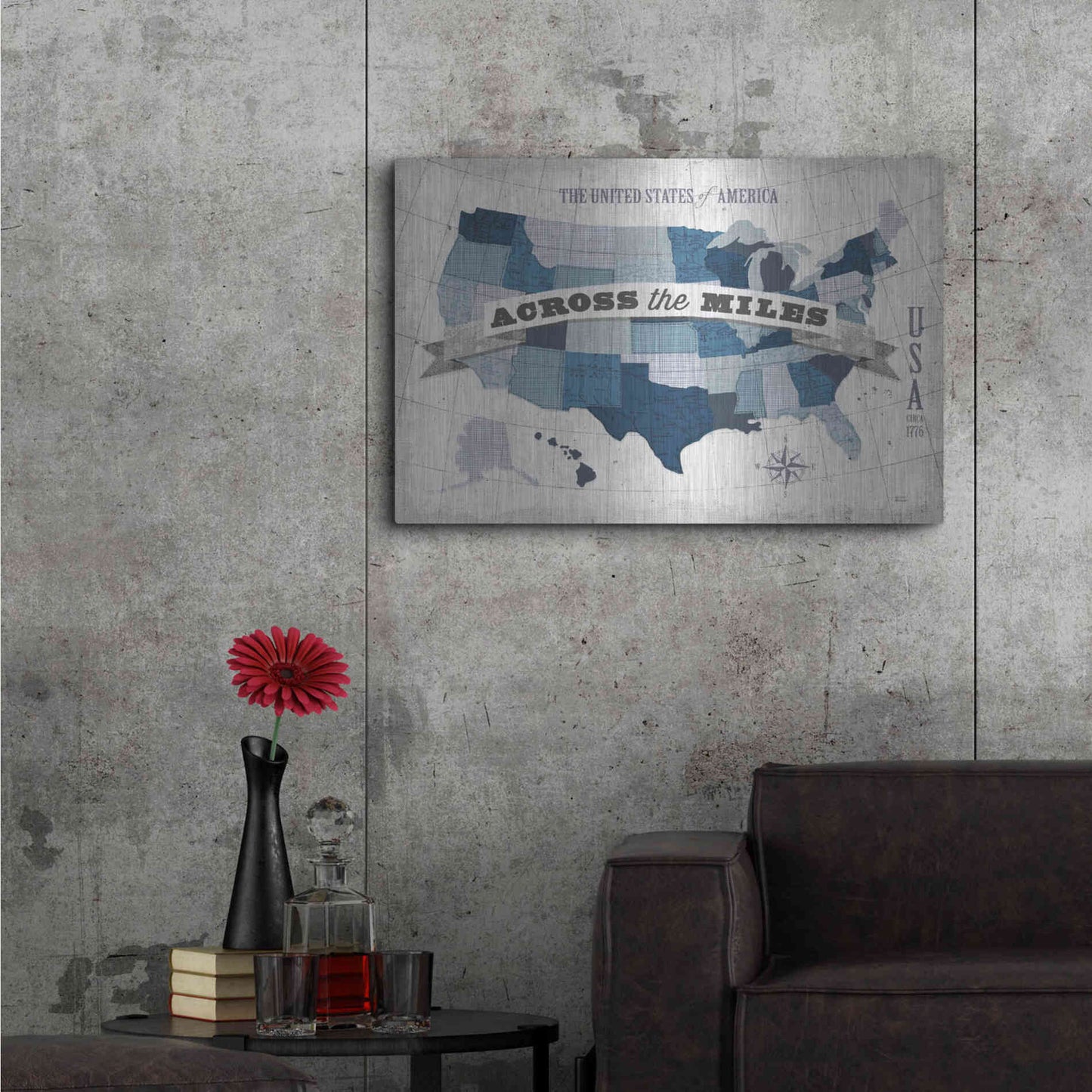 Luxe Metal Art 'USA Modern Vintage Blue Grey with Words' by Michael Mullan, Metal Wall Art,36x24