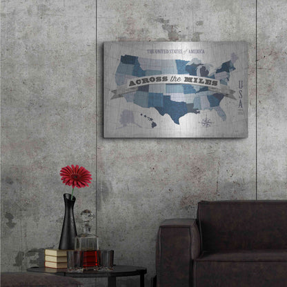 Luxe Metal Art 'USA Modern Vintage Blue Grey with Words' by Michael Mullan, Metal Wall Art,36x24