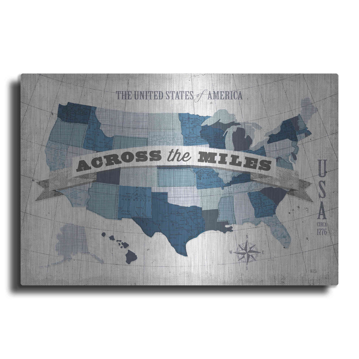 Luxe Metal Art 'USA Modern Vintage Blue Grey with Words' by Michael Mullan, Metal Wall Art
