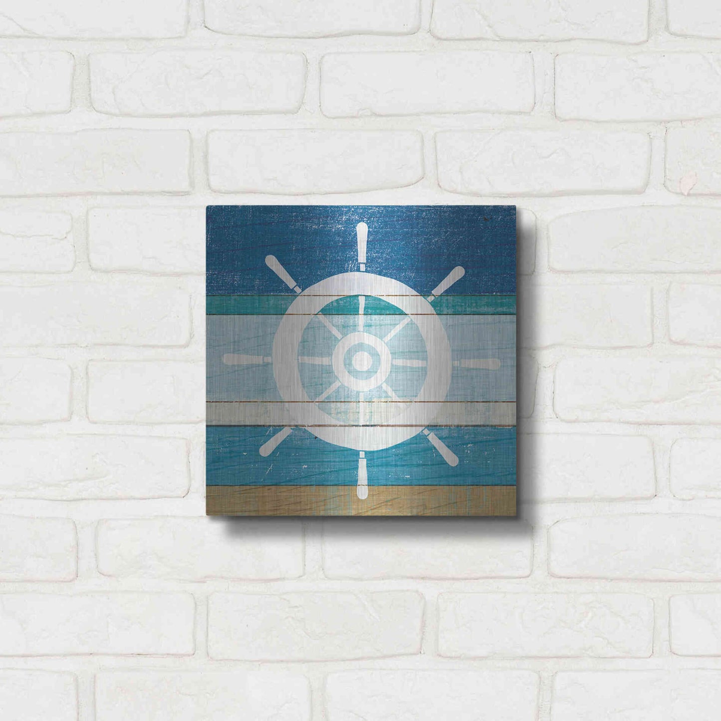 Luxe Metal Art 'Beachscape VI Helm White' by Michael Mullan, Metal Wall Art,12x12