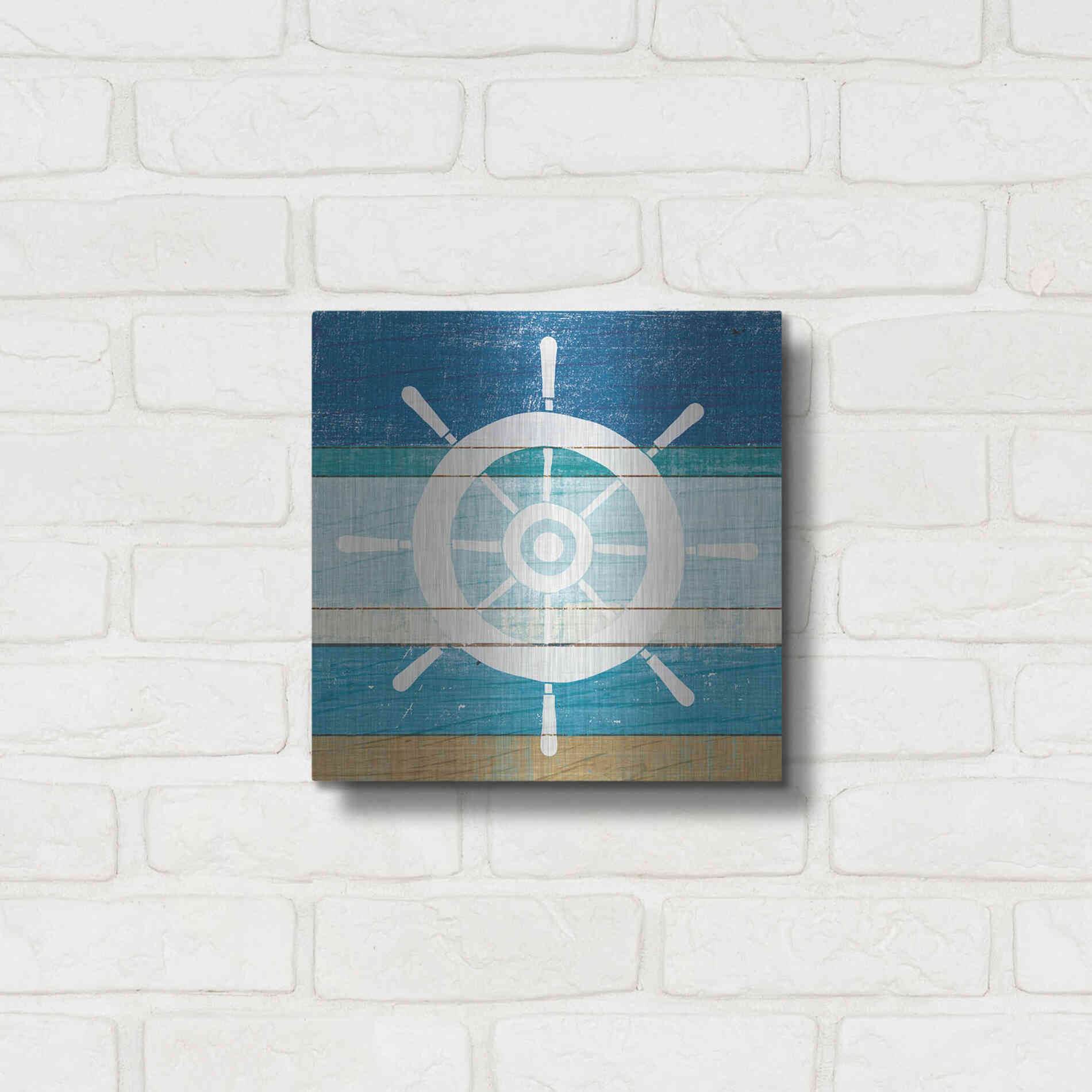 Luxe Metal Art 'Beachscape VI Helm White' by Michael Mullan, Metal Wall Art,12x12