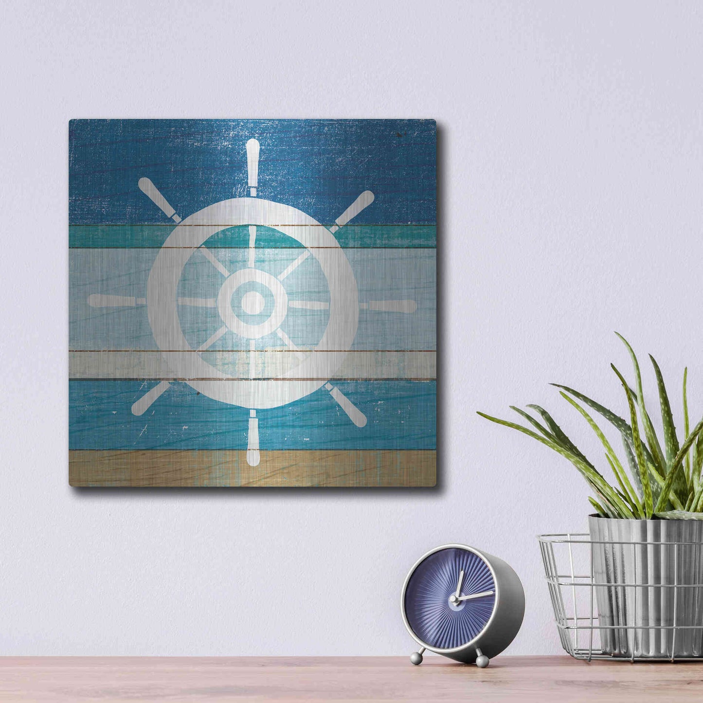 Luxe Metal Art 'Beachscape VI Helm White' by Michael Mullan, Metal Wall Art,12x12