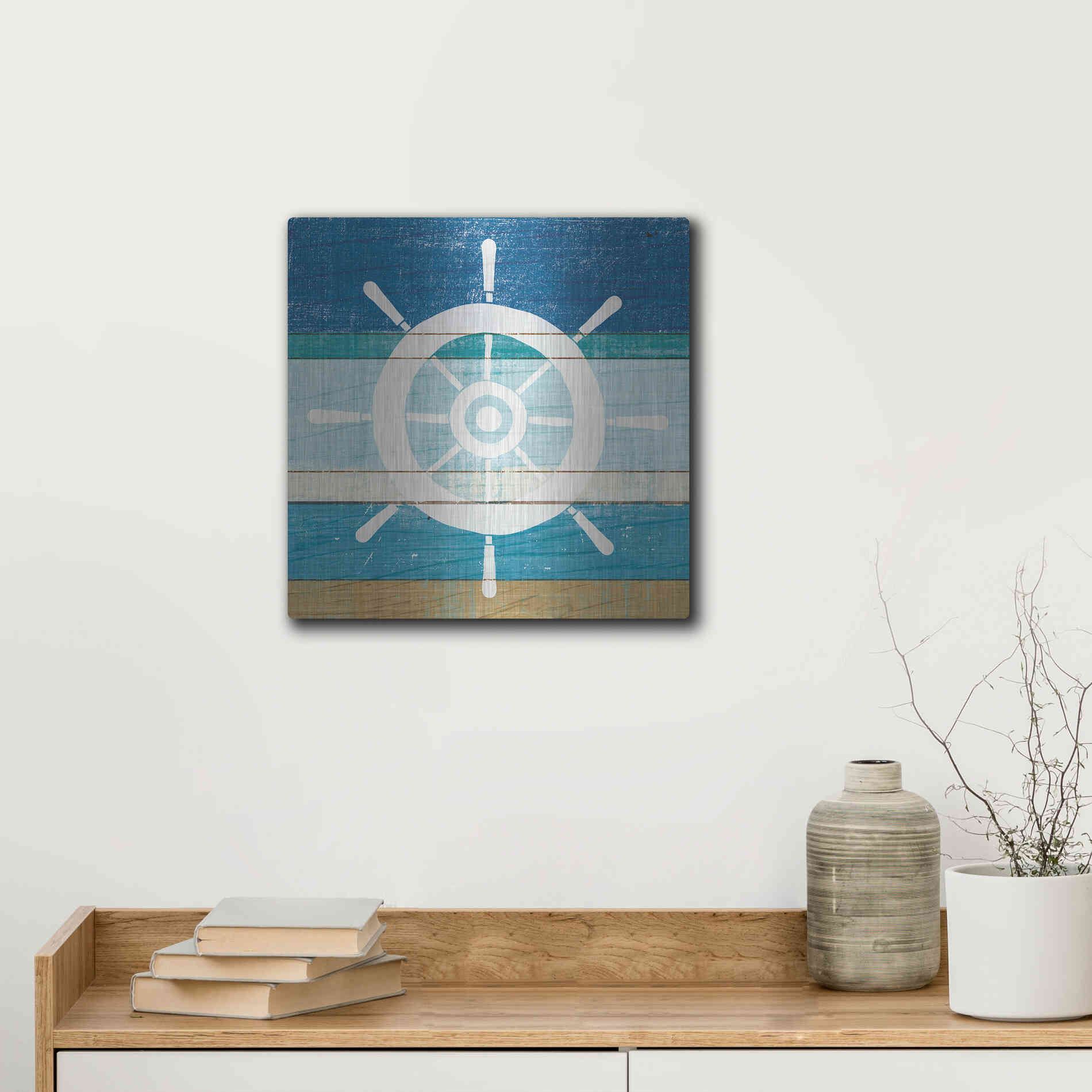 Luxe Metal Art 'Beachscape VI Helm White' by Michael Mullan, Metal Wall Art,12x12