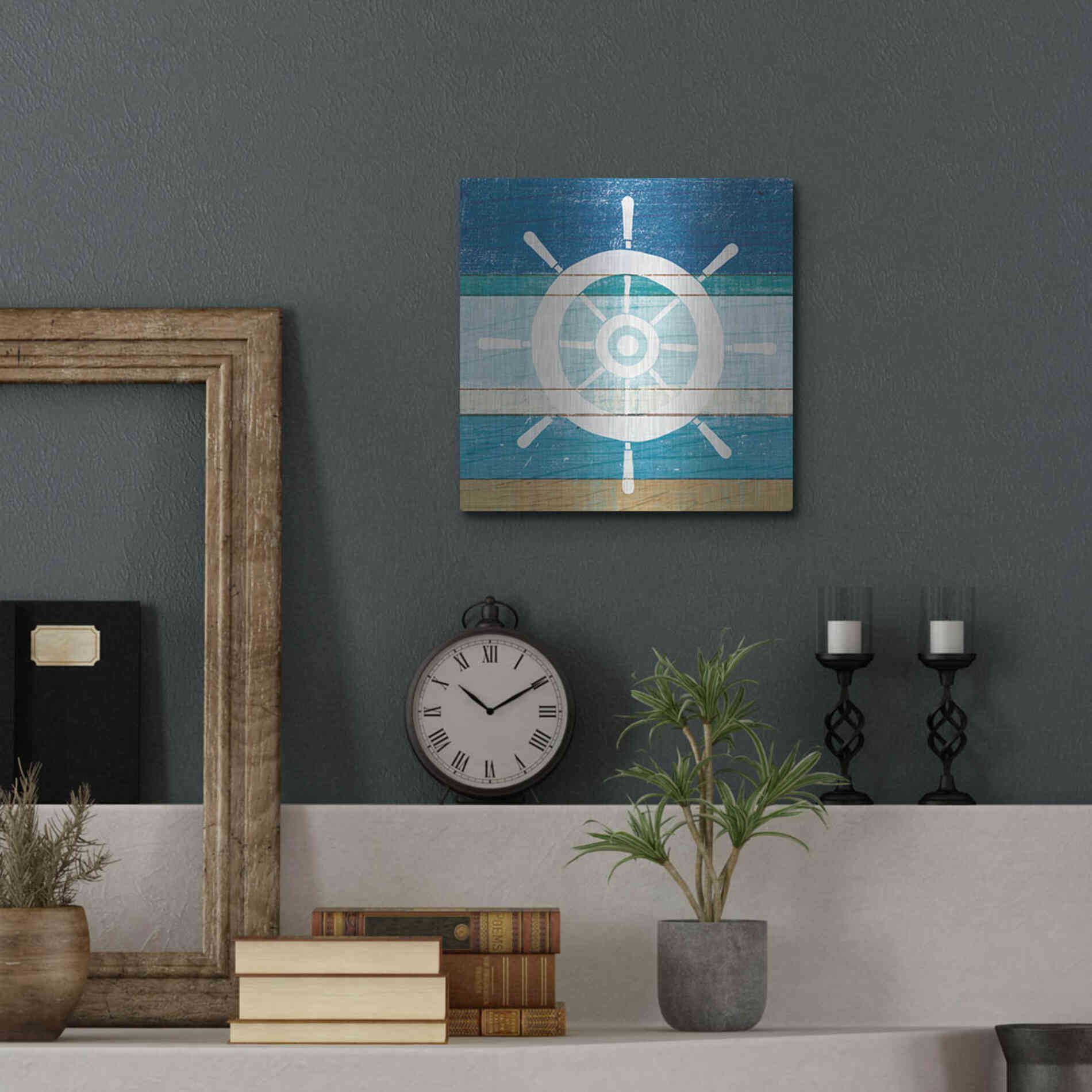 Luxe Metal Art 'Beachscape VI Helm White' by Michael Mullan, Metal Wall Art,12x12