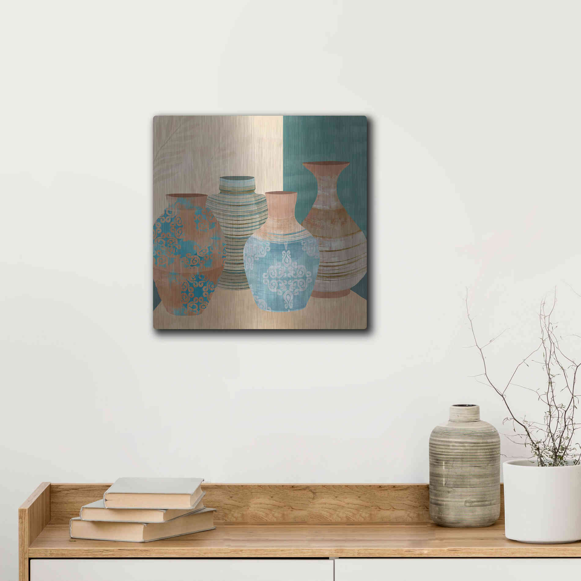 Luxe Metal Art 'Earthenware Pots II' by Flora Kouta Metal Wall Art,12x12