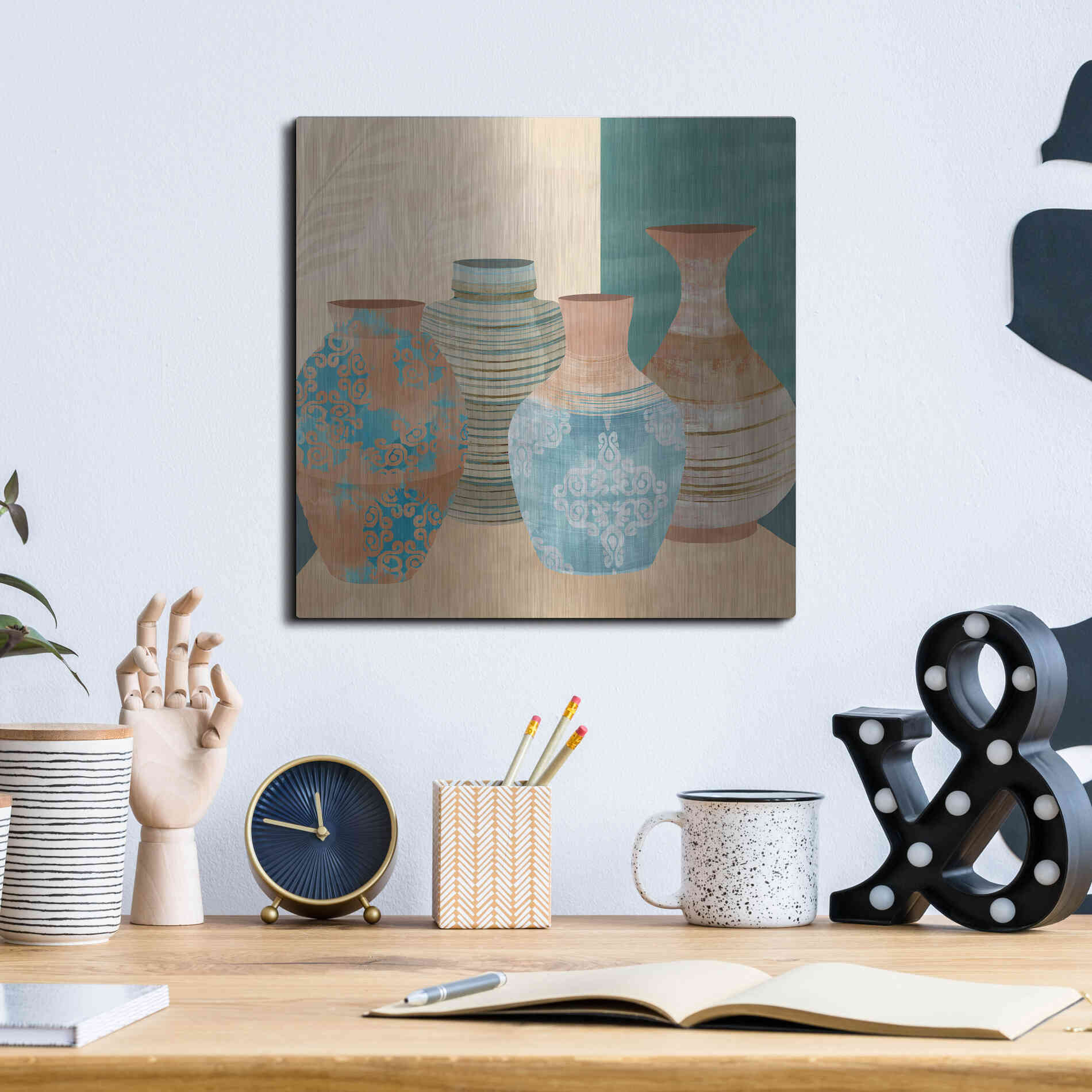 Luxe Metal Art 'Earthenware Pots II' by Flora Kouta Metal Wall Art,12x12